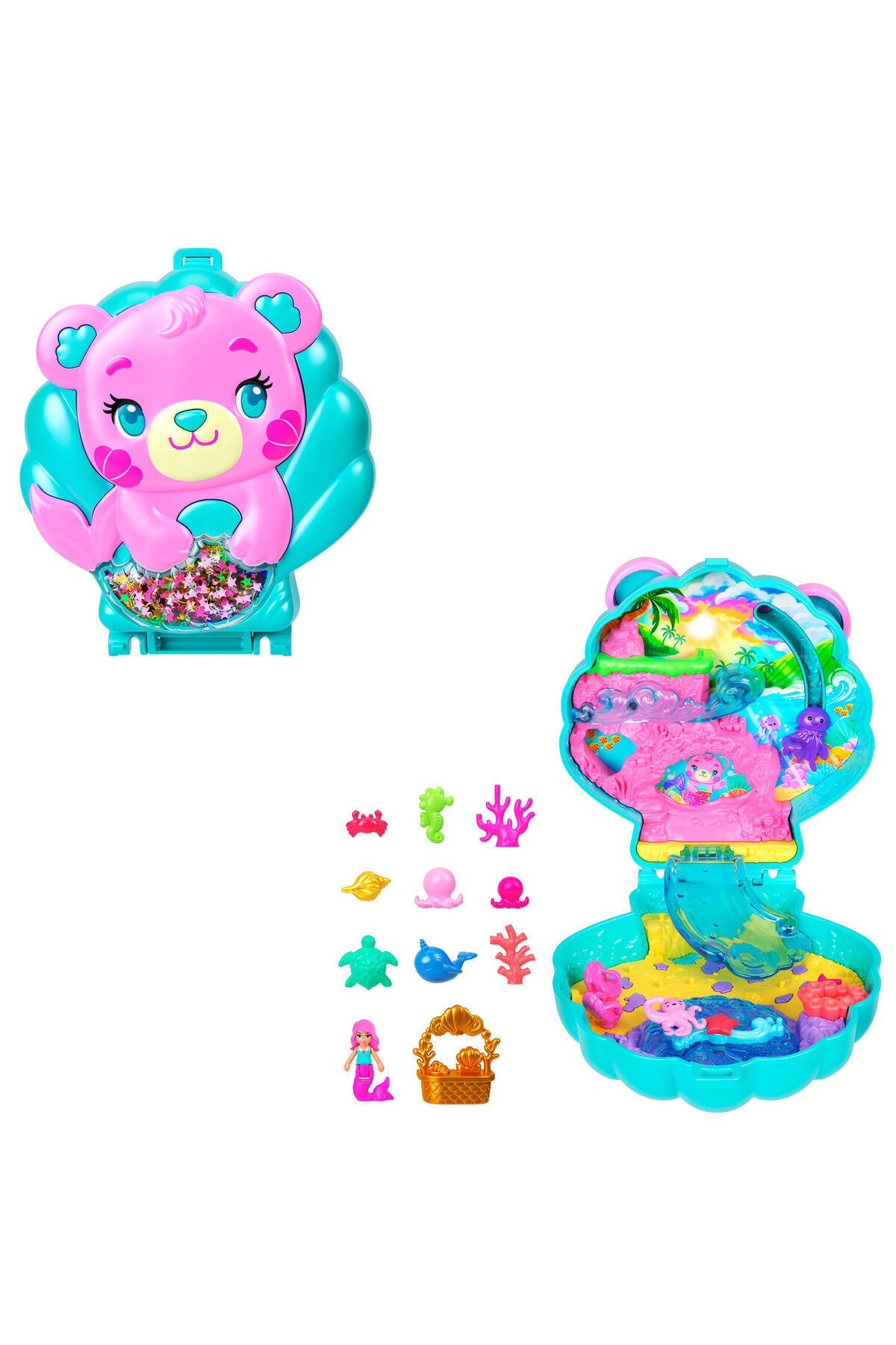 Polly Pocket ™ IŞILTILI ADA™ Mini Oyun Seti, 1 mikro deniz kızı bebek, deniz canlısı figürleri JCB16