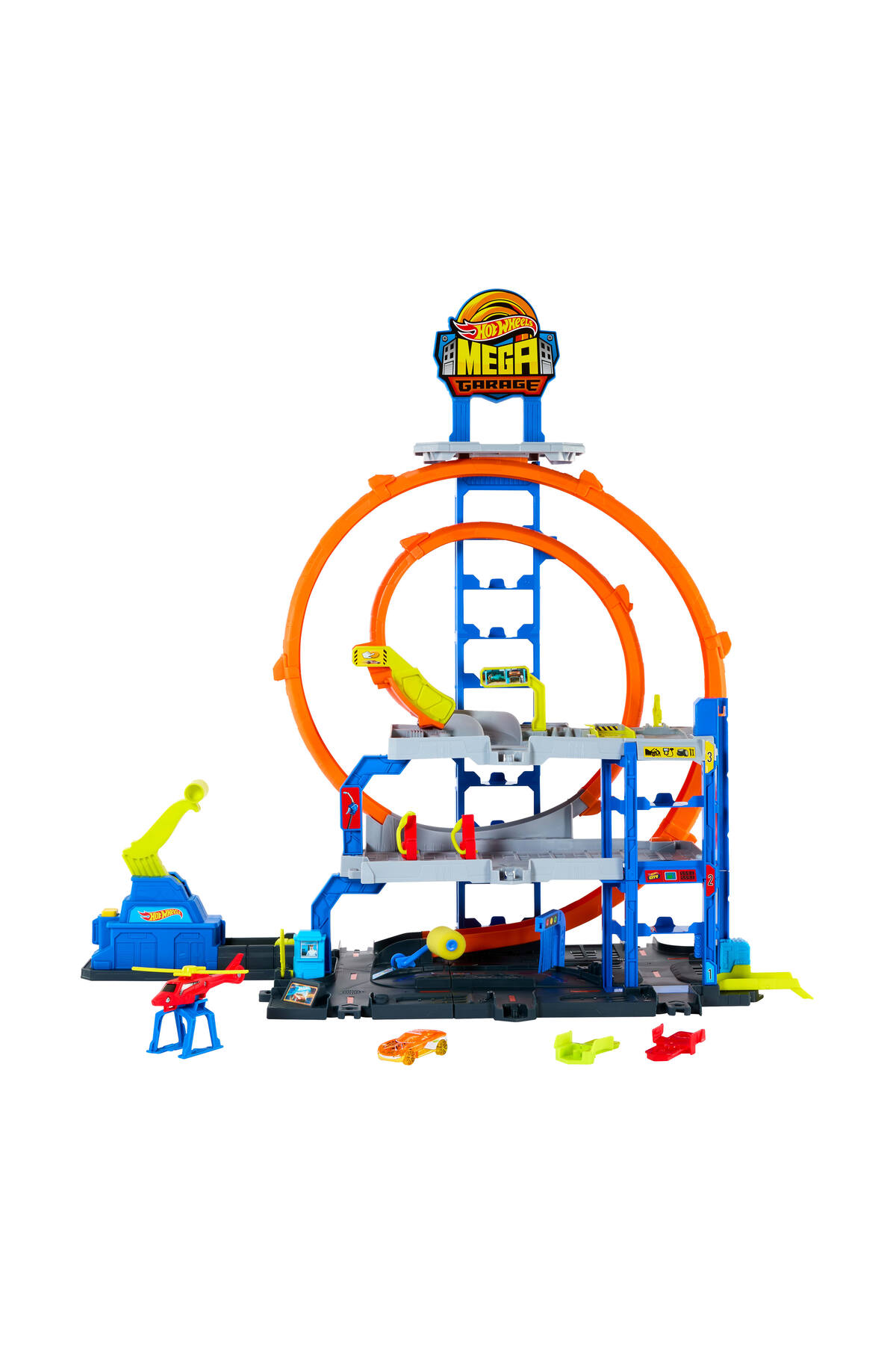 HOT WHEELS City Mega Garaj oyun seti, 1:64 ölçekli 1 metal oyuncak araba ve helikopter JBM74