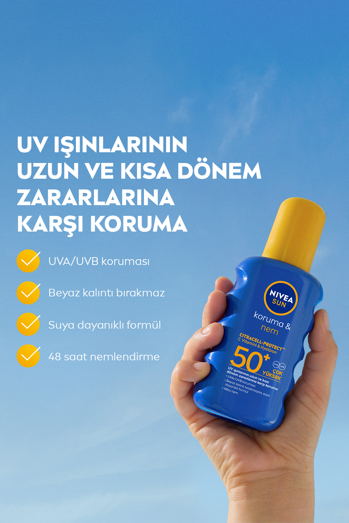 SUN SPF50+ Güneş Koruyucu Vücut Spreyi 200ml ve Q10 Sıkılaştırıcı Bronzlaştırıcı Vücut Losyonu 250ml — SET.NVE.1232 — تصویر 3 از 8