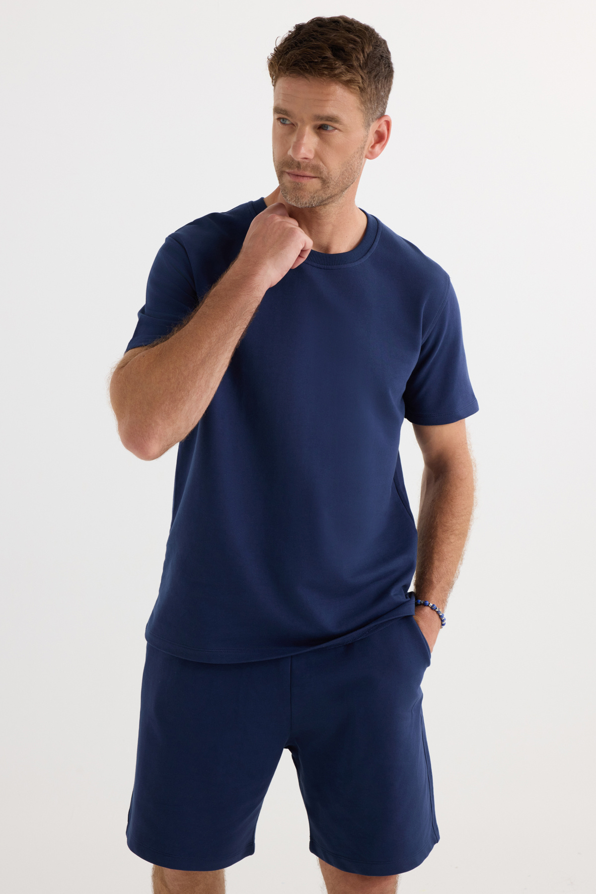 Tudors  Relax Fit Rahat Kesim %100 Pamuk Hafif Kalın Özel Tasarım Erkek Lacivert Şortlu Pijama Takım - Görsel 5