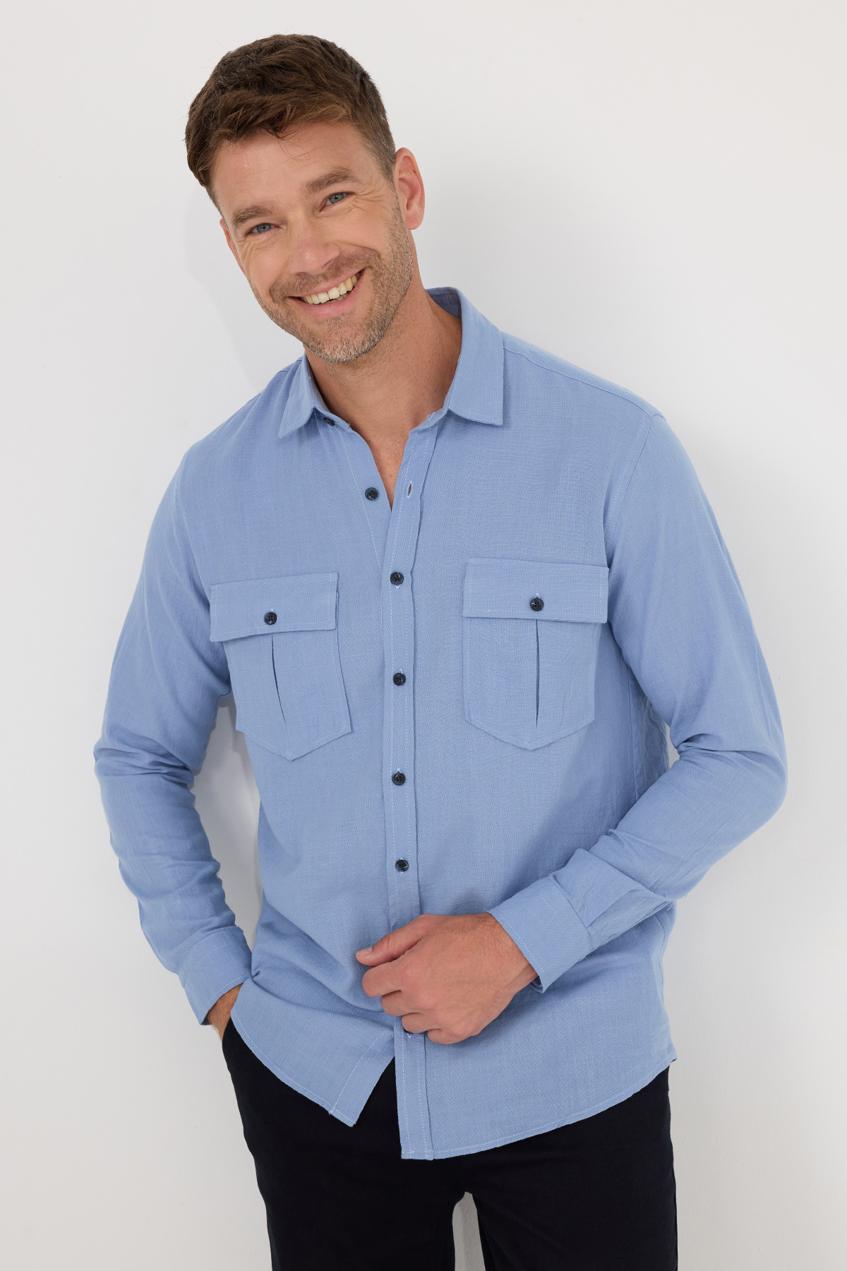 Men's Regular Fit Classic Cut Oversize 100% Cotton Linen Texture Double Pocket Blue Shirt