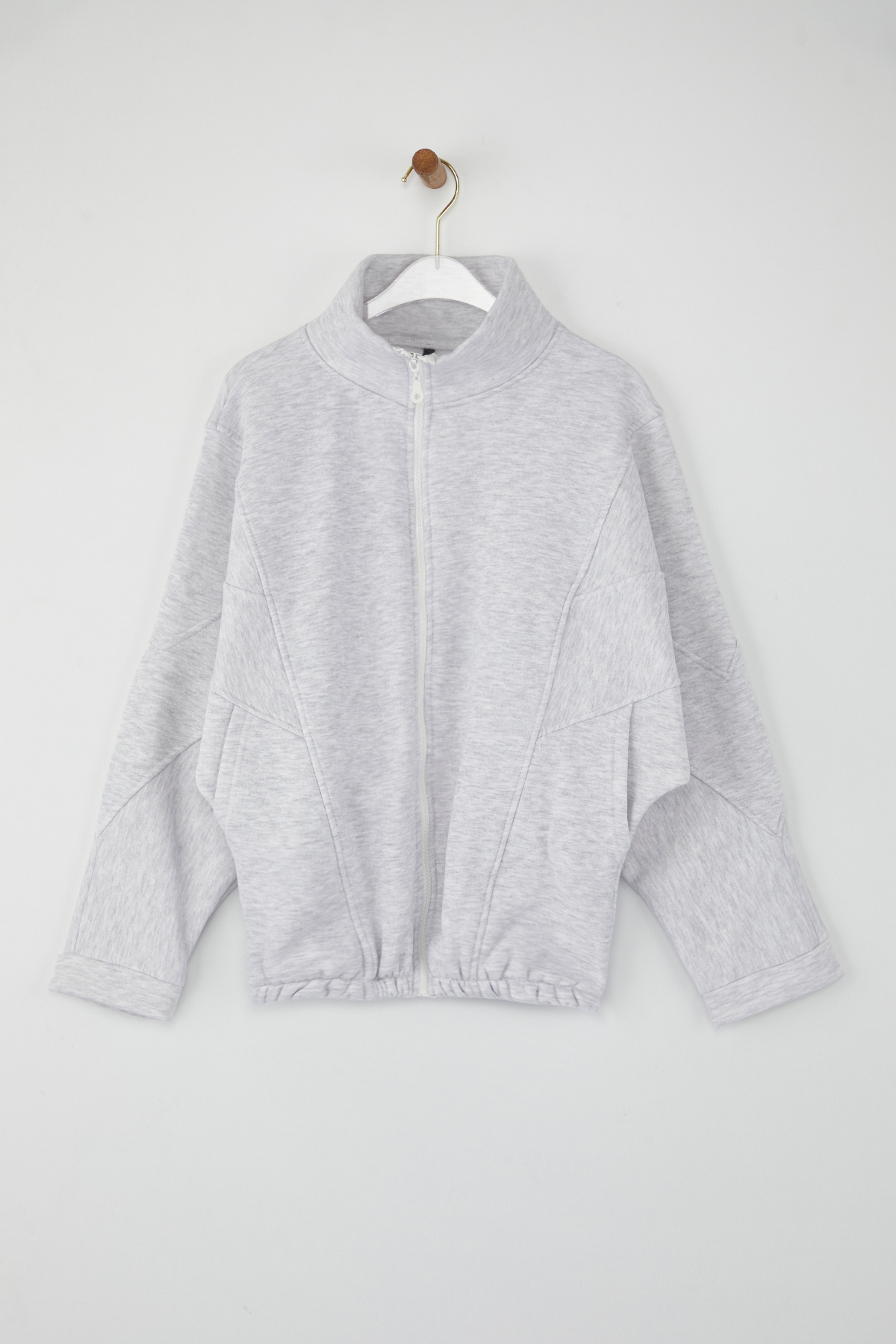 Trendyolmilla  Kar Melanj Fermuarlı Dikiş Detaylı Dik Yaka Bomber Örme Sweatshirt TWOAW26SW00037 - Görsel 5