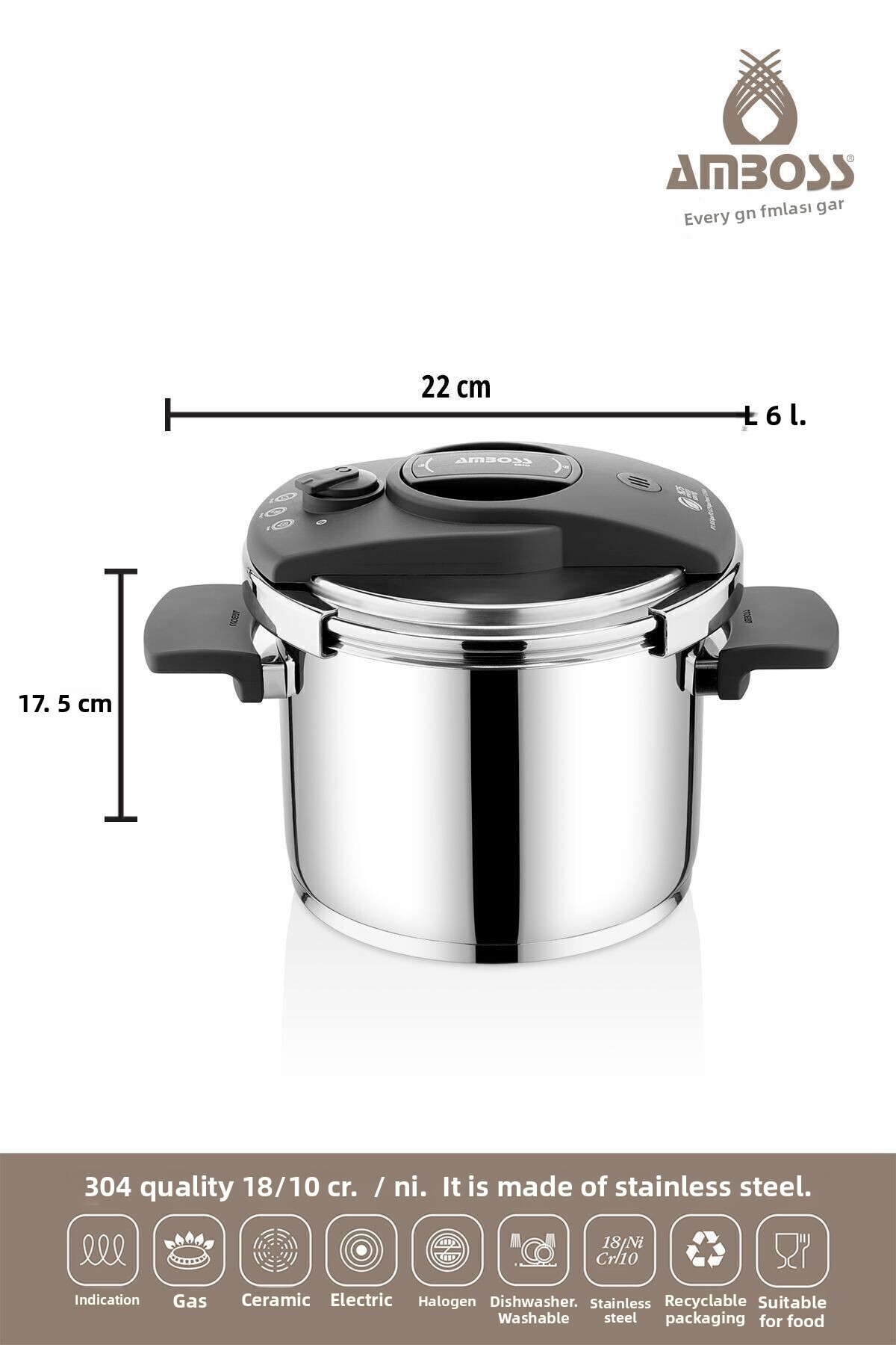 Amboss-Enio Matik Stainless Steel 22 Cm 6 Lt Pressure Cooker 3