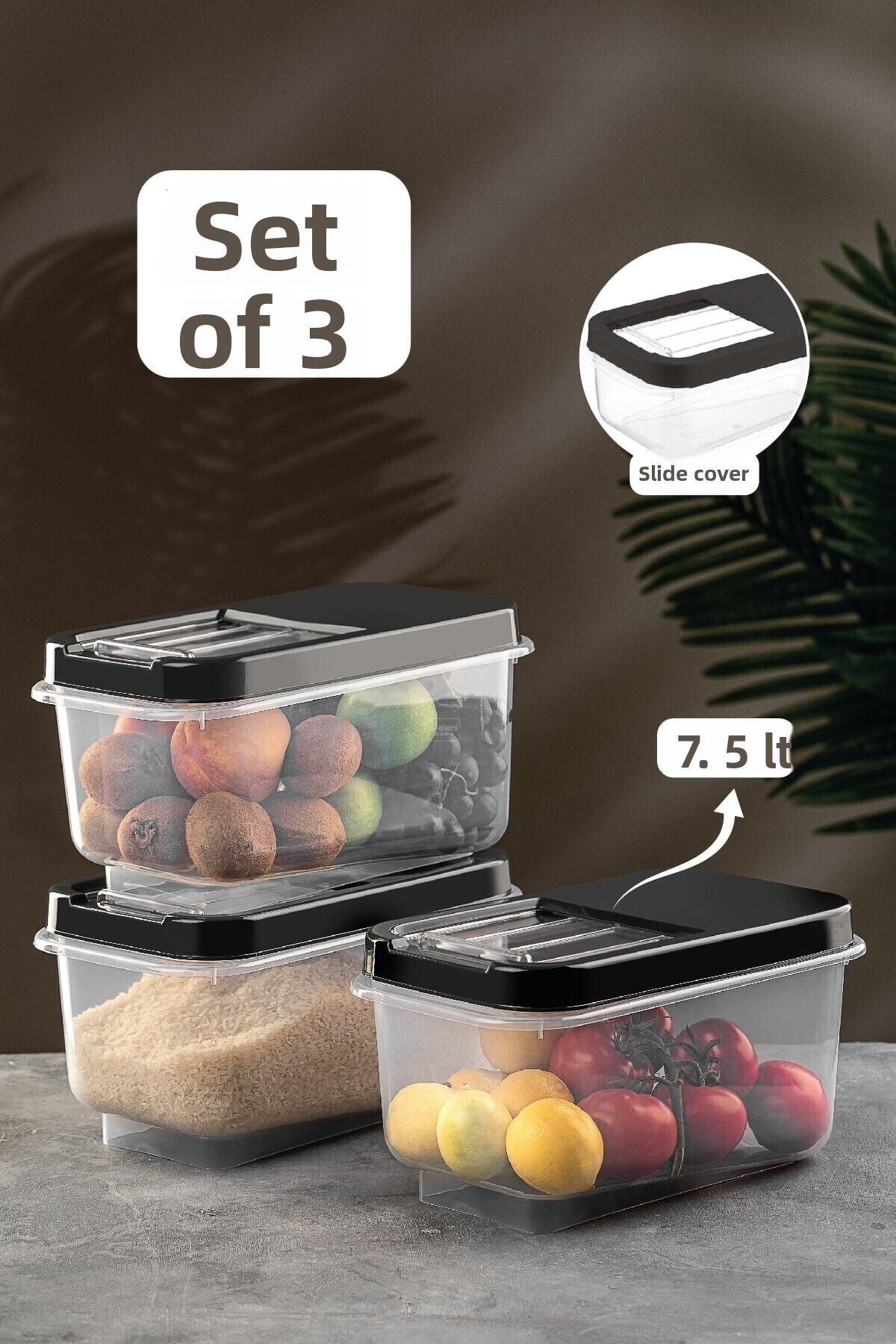 Meleni Home-Set of 3 Multibox 7.5 Lt Pulses Storage Container - Food Storage Container with Sliding Lid Flour Container Anthracite 1