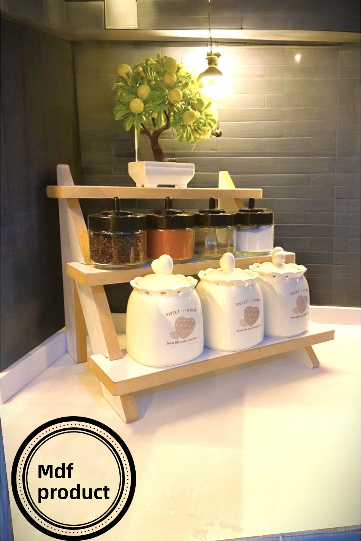 PEKA Countertop Shelf Kitchen Shelf Spice Organizer Wooden Corner Shelf Three-Tier Organizer