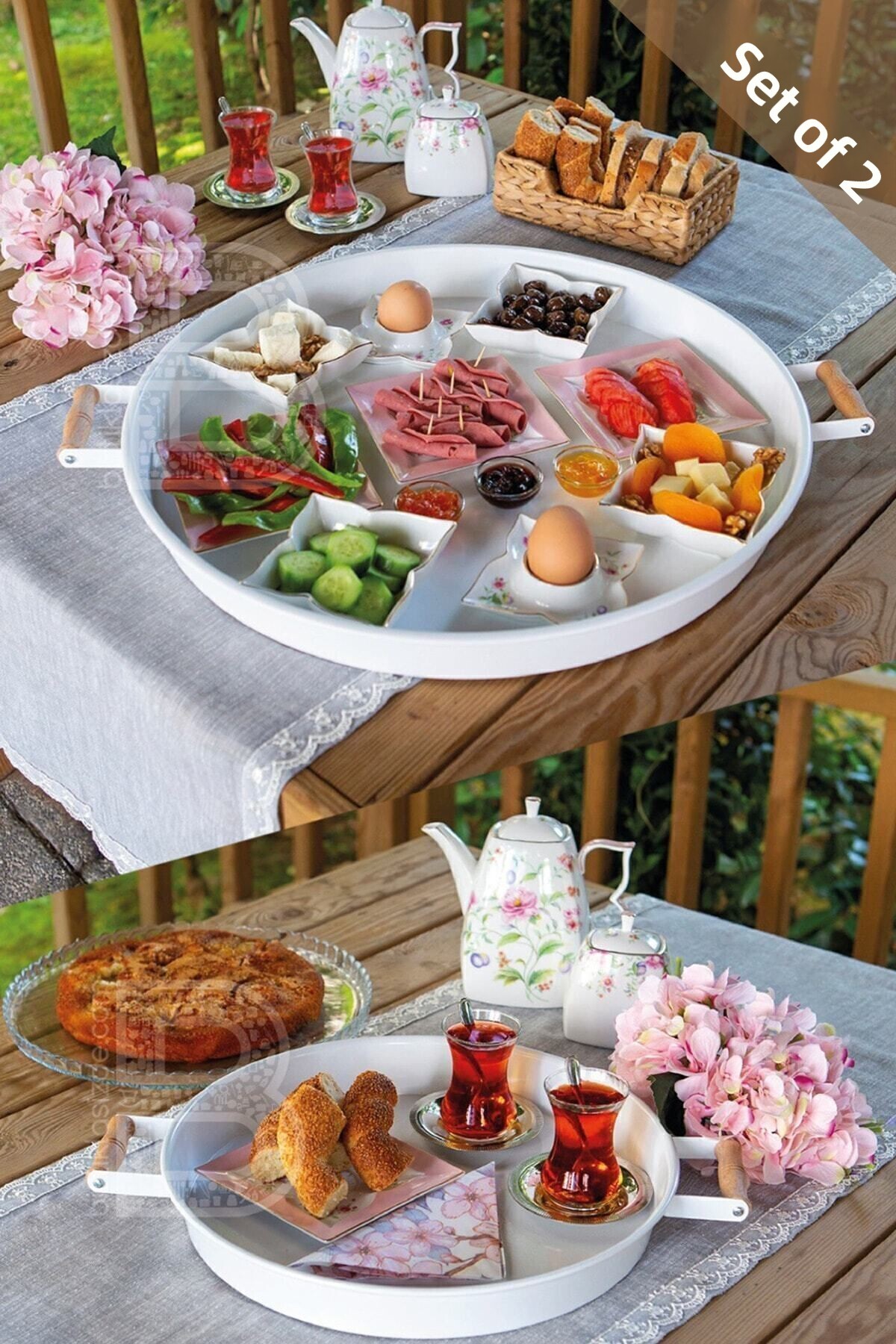 kitchen trend 2-Piece Wooden-Handled 51 cm Metal Tray and 37 cm White Tray Tea and Coffee Serving Tray