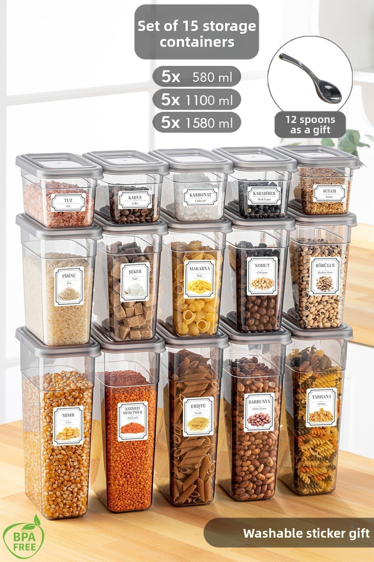 Meleni Home-15-Piece Spice Holder with Label - Storage Container Set with Leak-Proof Lid - 5x (580 ml, 1100 ml, 1580 ml) 1