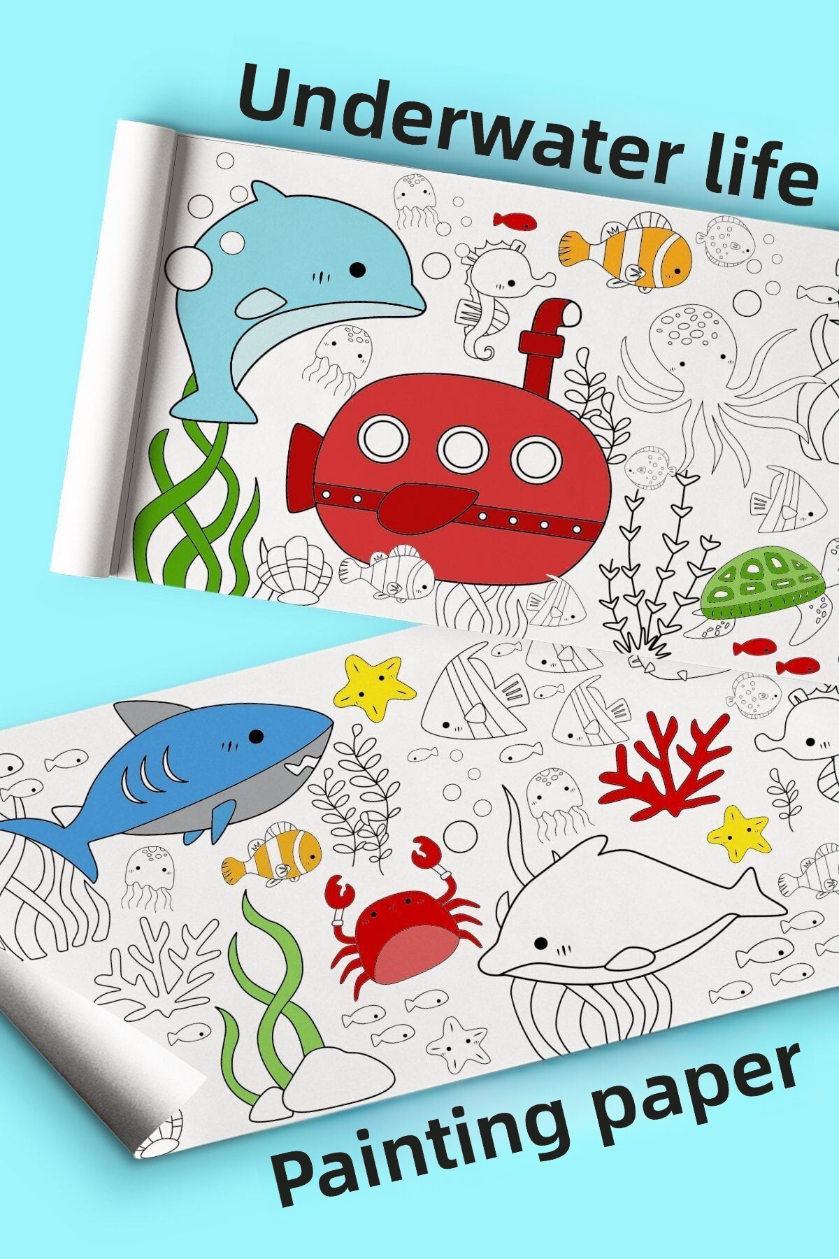 کاغذ رنگ‌آمیزی غول‌پیکر حیوانات دریایی ۲.۵ متری – رول فعالیت زندگی زیر آب – رول آموزشی کودکان