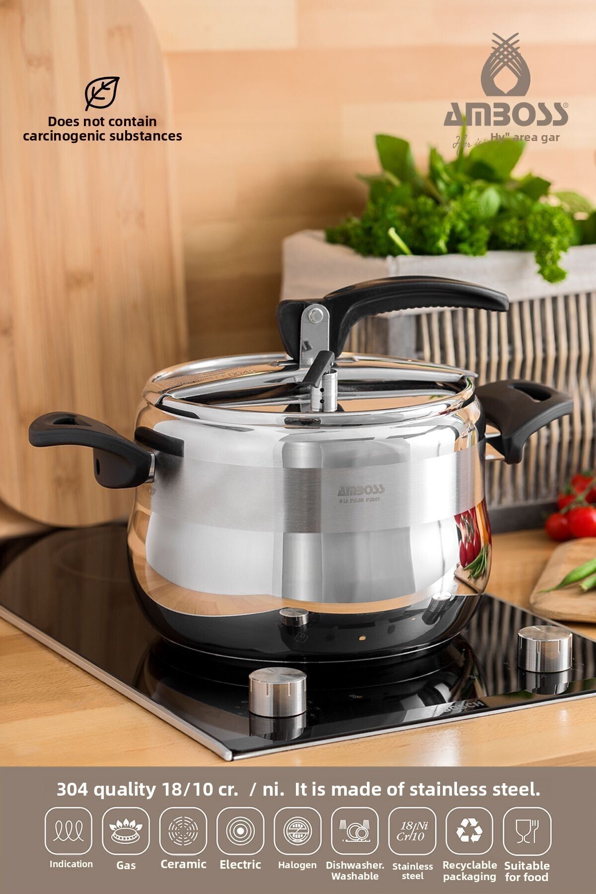 Amboss-Amber Classic Stainless Steel Pressure Cooker - Black Handle - 4lt 1