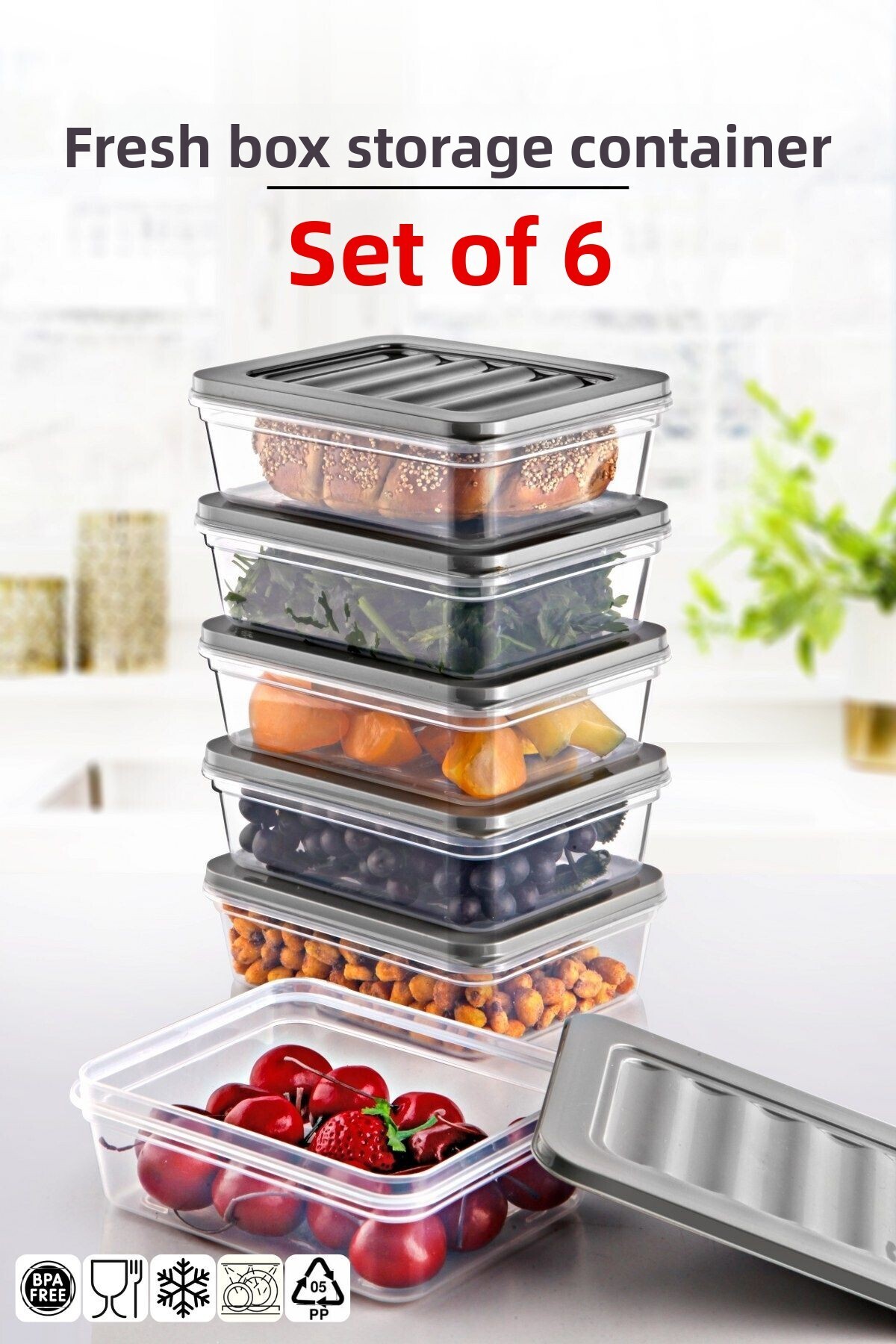 Nandy Home-Freshbox Set of 6 - Suitable for Microwave and Diffraction, 0.6 Lt Gray Storage Container 1
