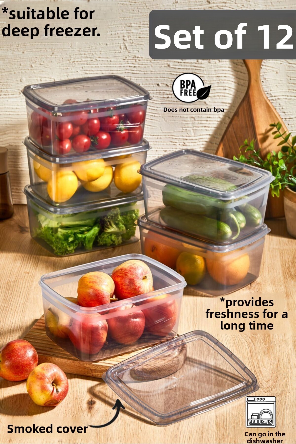 Bayev-12 Pieces Huge Smoked 2 LT Food Storage Container - Lid Pulses Box - Suitable for Deep Freezer 1