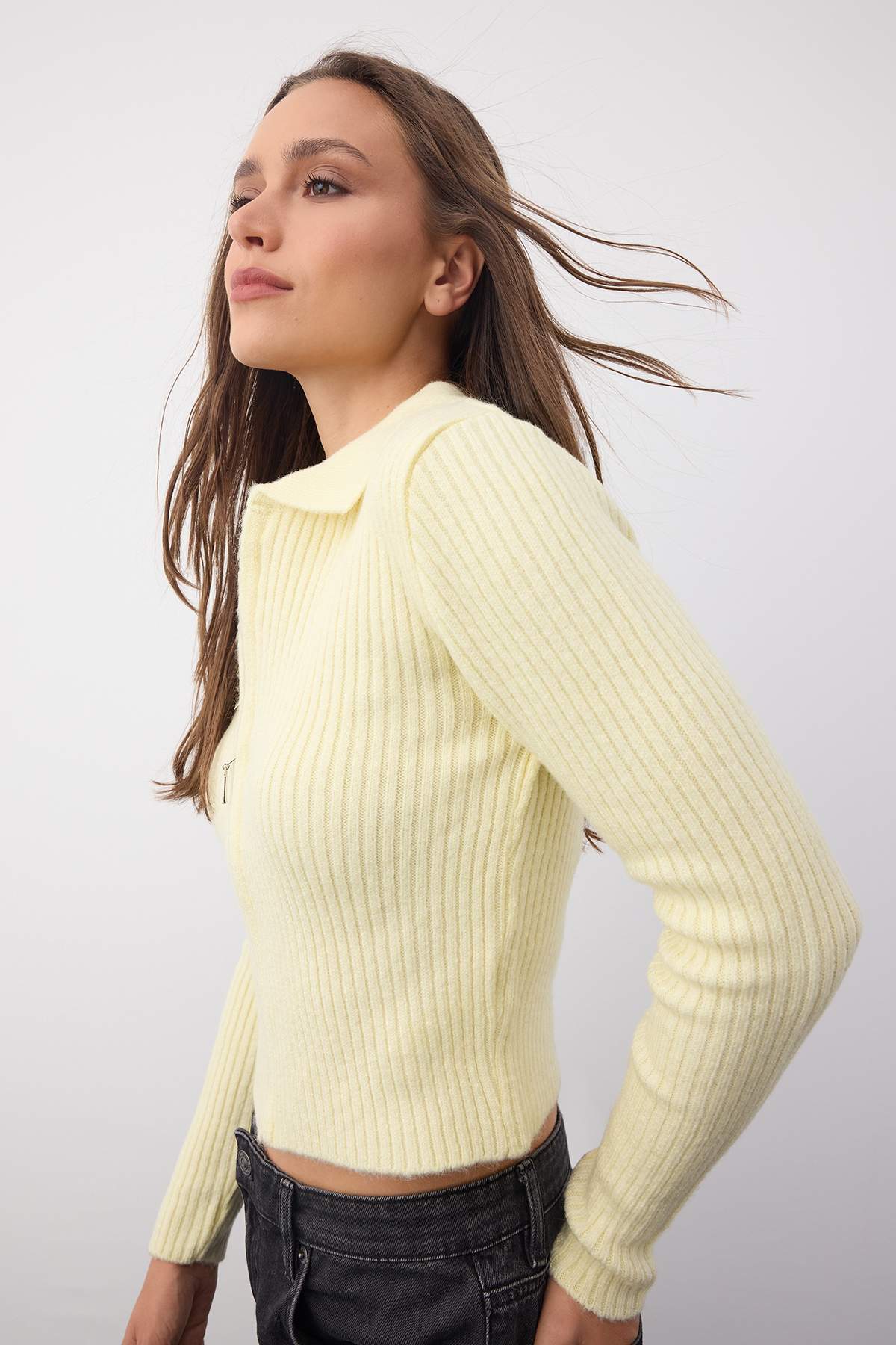 Trendyolmilla  Wardrobe Essentials Sarı Yumuşak Dokulu Crop Fermuarlı Triko Hırka | TWOAW26HI00177 - Görsel 2