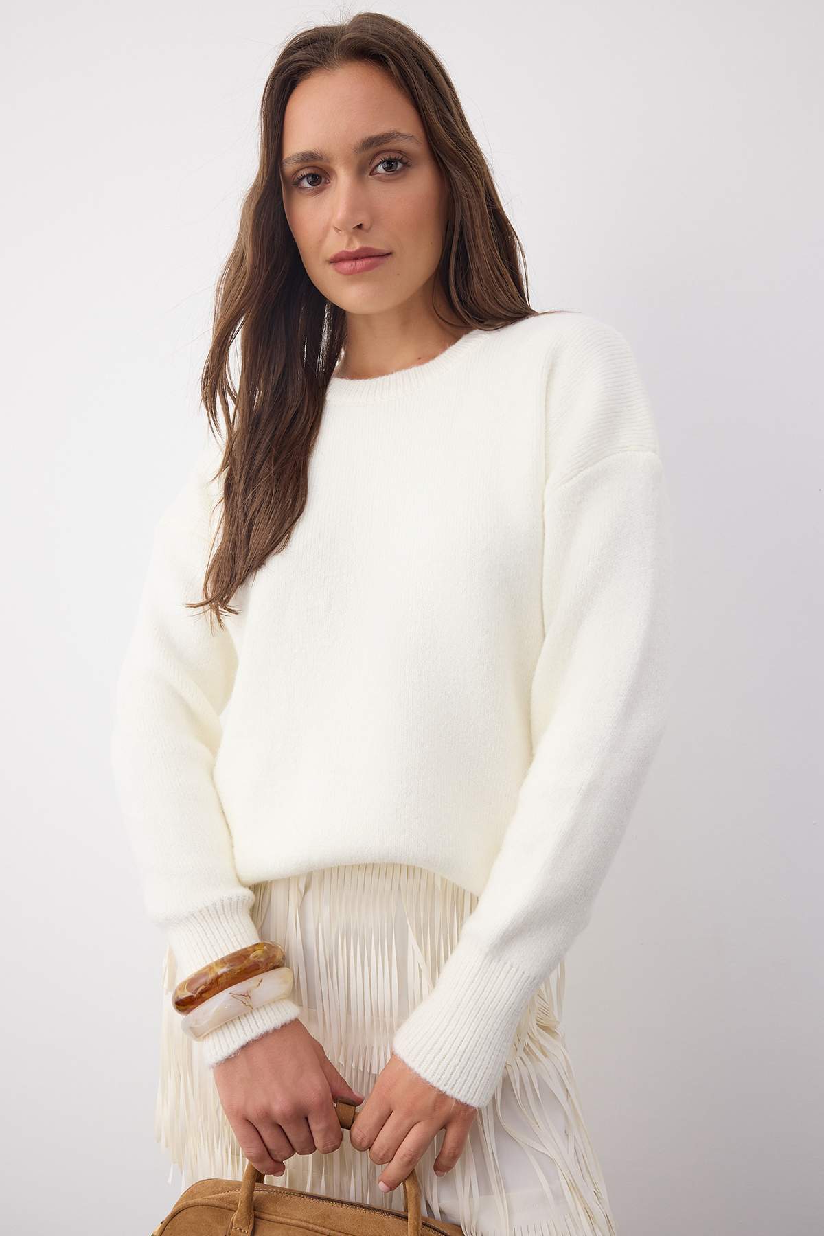 Trendyolmilla  Wardrobe Essentials Ekru Yünlü Premium İplik Basic Geniş Kalıp Triko Kazak | TWOAW26KZ00065