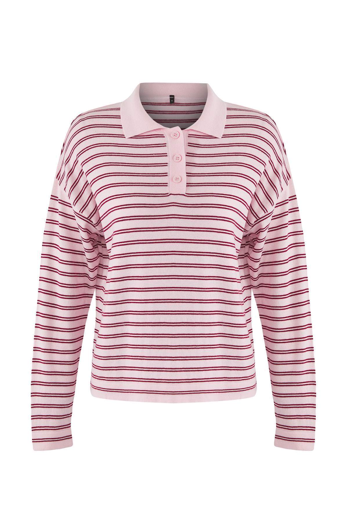Trendyolmilla  Wardrobe Essentials Pembe Premium İplik/Özel İplikli Geniş Kalıp Çizgili Triko Kazak TWOAW26KZ00195 - Görsel 5