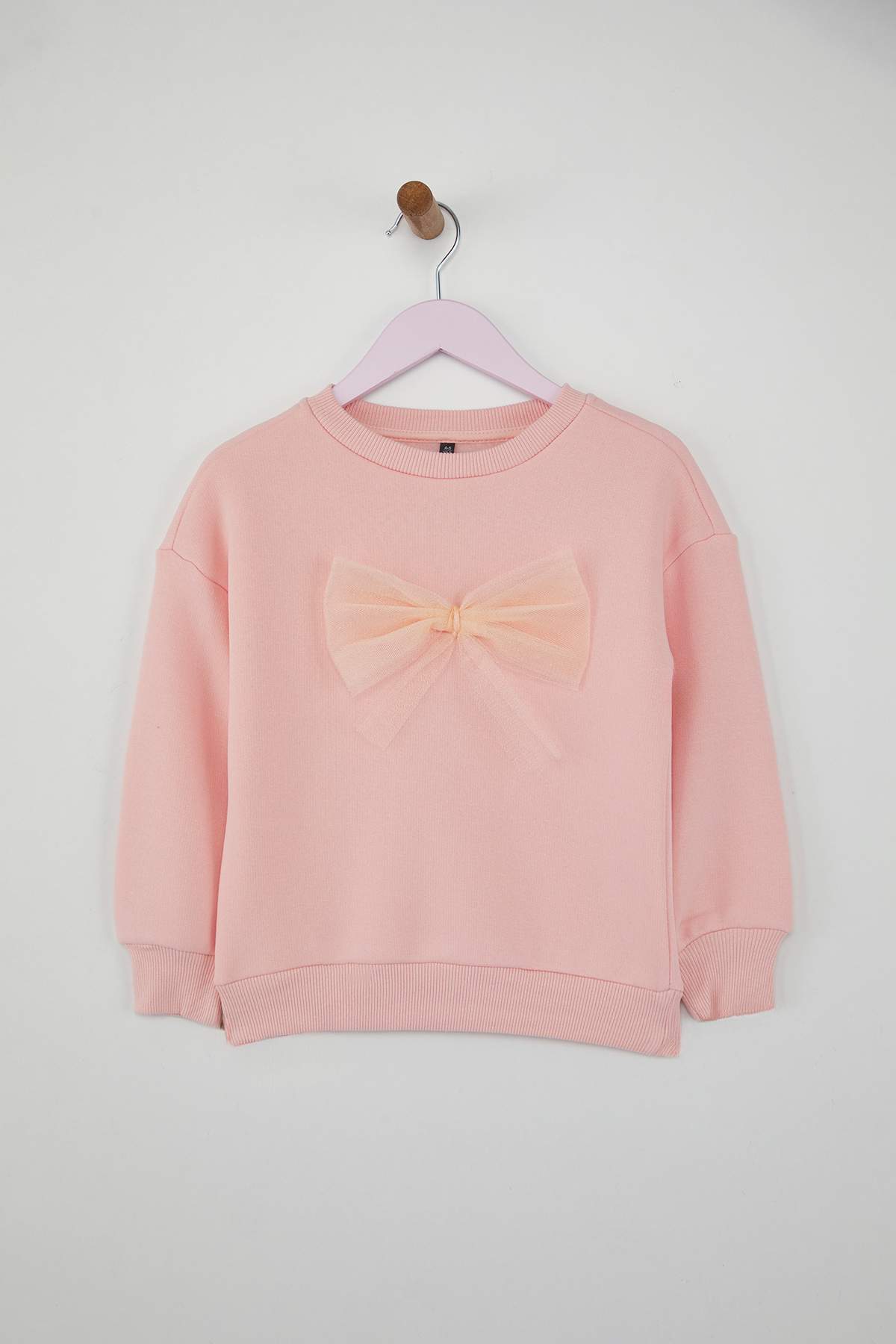 Trendyolmilla  Pudra Pamuklu Fiyonklu Kalın/İçi Polarlı Oversize Örme Kız Çocuk Sweatshirt TKDAW26SW00026 - Görsel 2