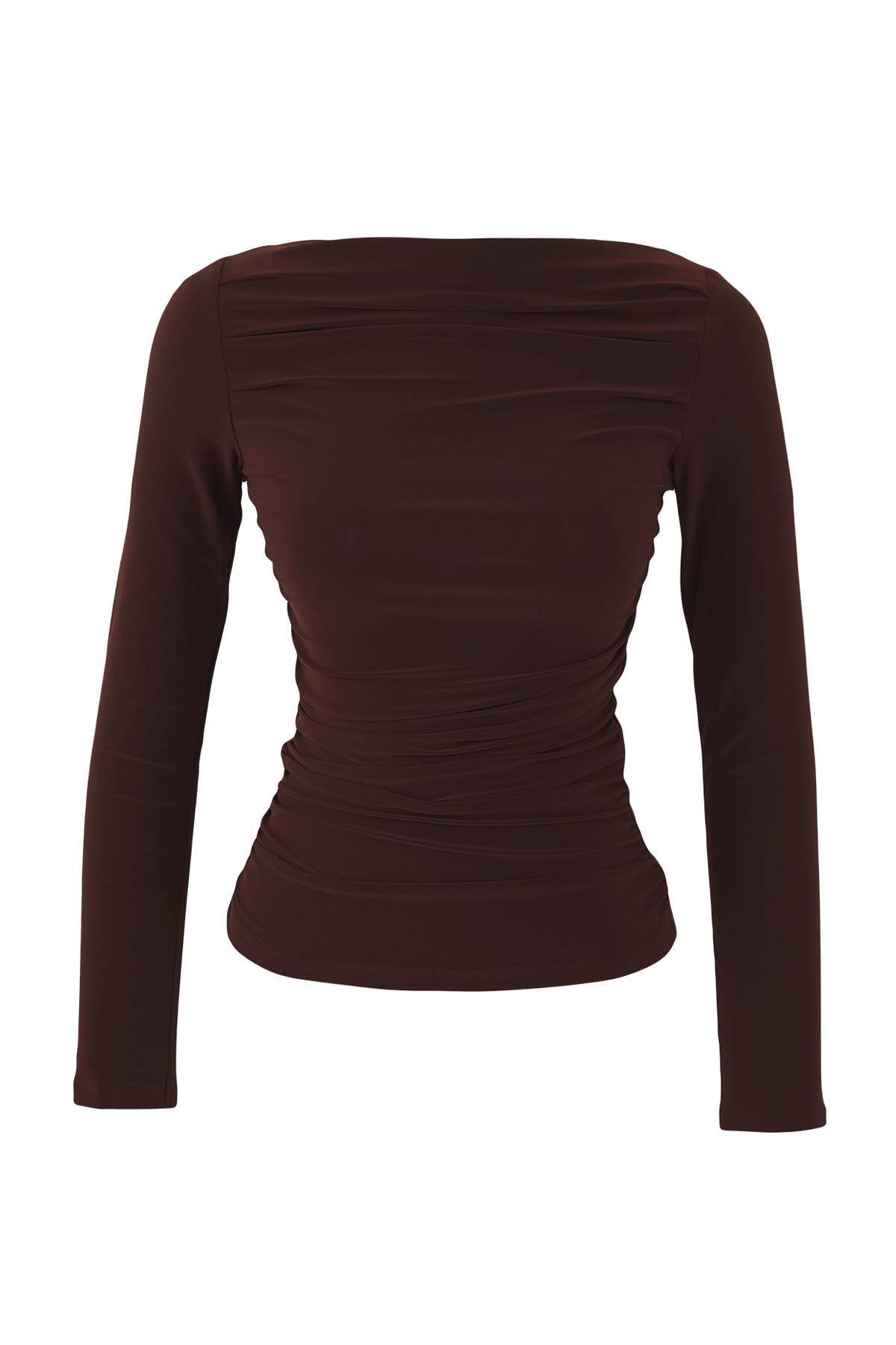 Trendyolmilla  Kahverengi Kayık Yaka Drapeli Vücuda Oturan Esnek Örme Bluz TWOAW25BZ00109 - Görsel 5