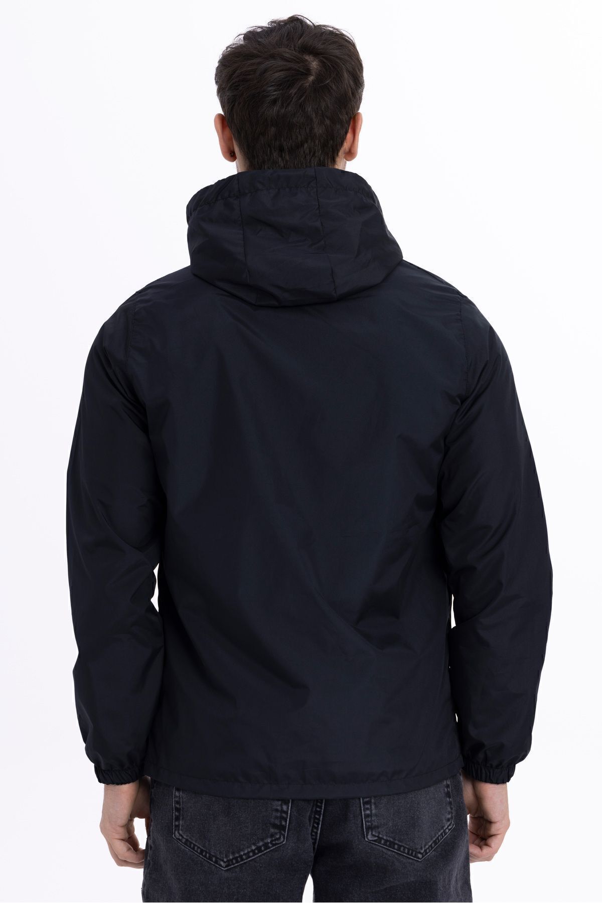 D1fference-Schwarz gefütterter, winddichter Sport-Regenmantel für Herren mit Kapuze und Tasche 5