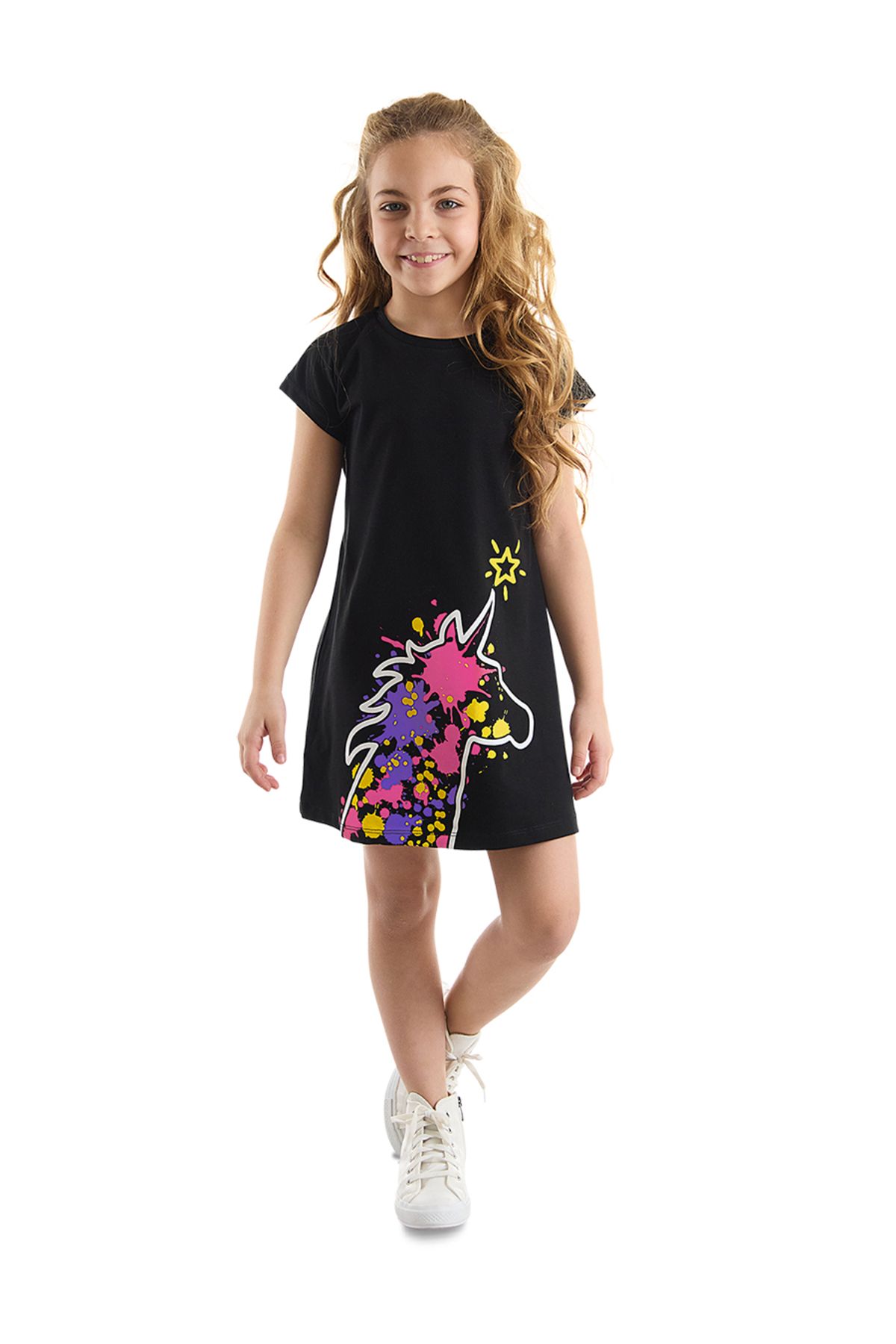 MSHB&G-Einhorn-Spritzer-Muster - Schwarzes Sommerkleid aus Baumwolle für Mädchen 1