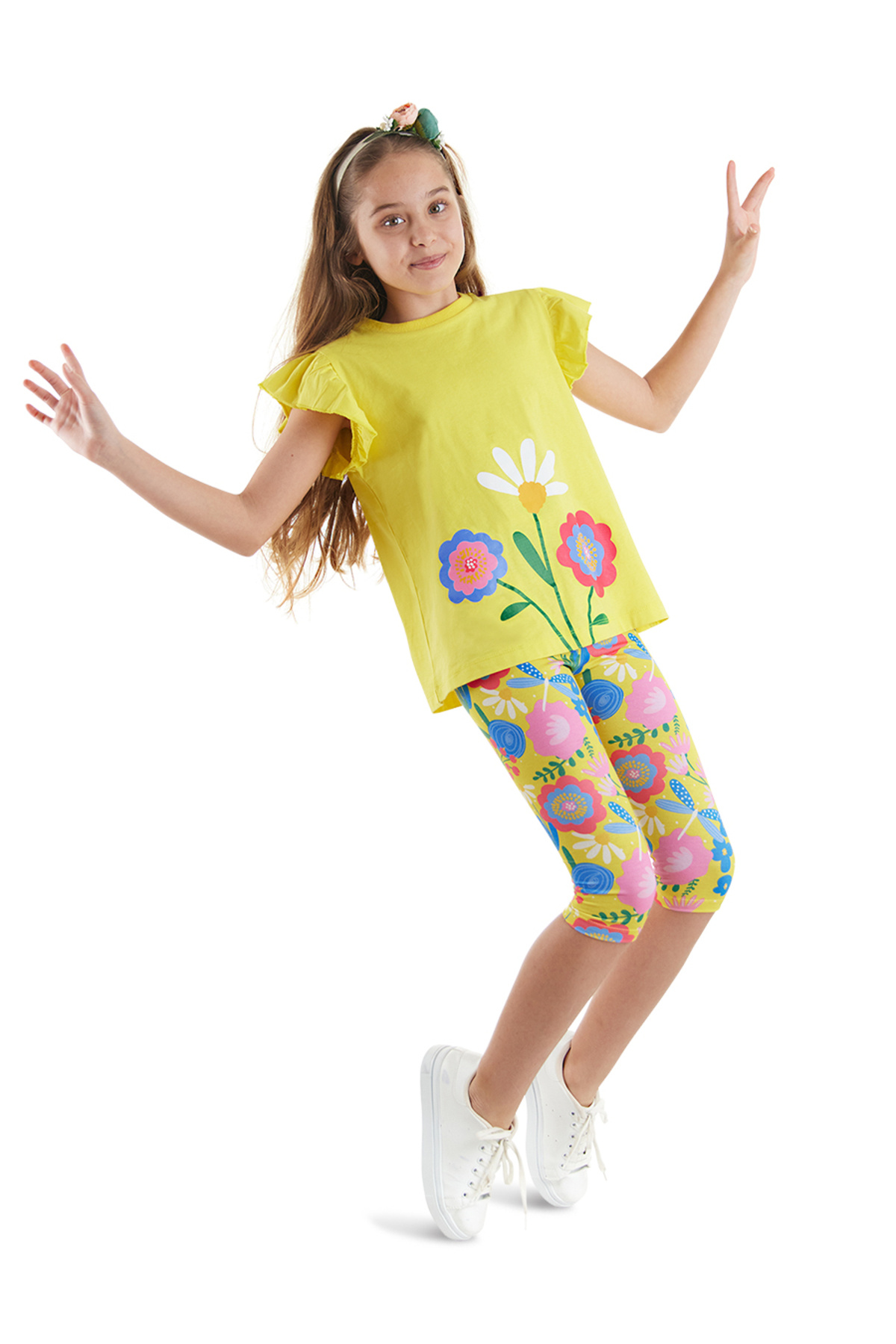 MSHB&G-Yellow Floral Print Frilly T-Shirt and Leggings Set for Girls 1