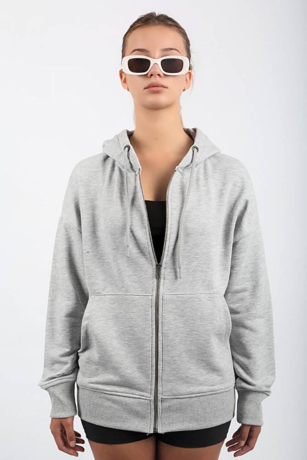 Seeh Gri Fermuarlı Kapüşonlu Sweatshirt SH113 görsel 5