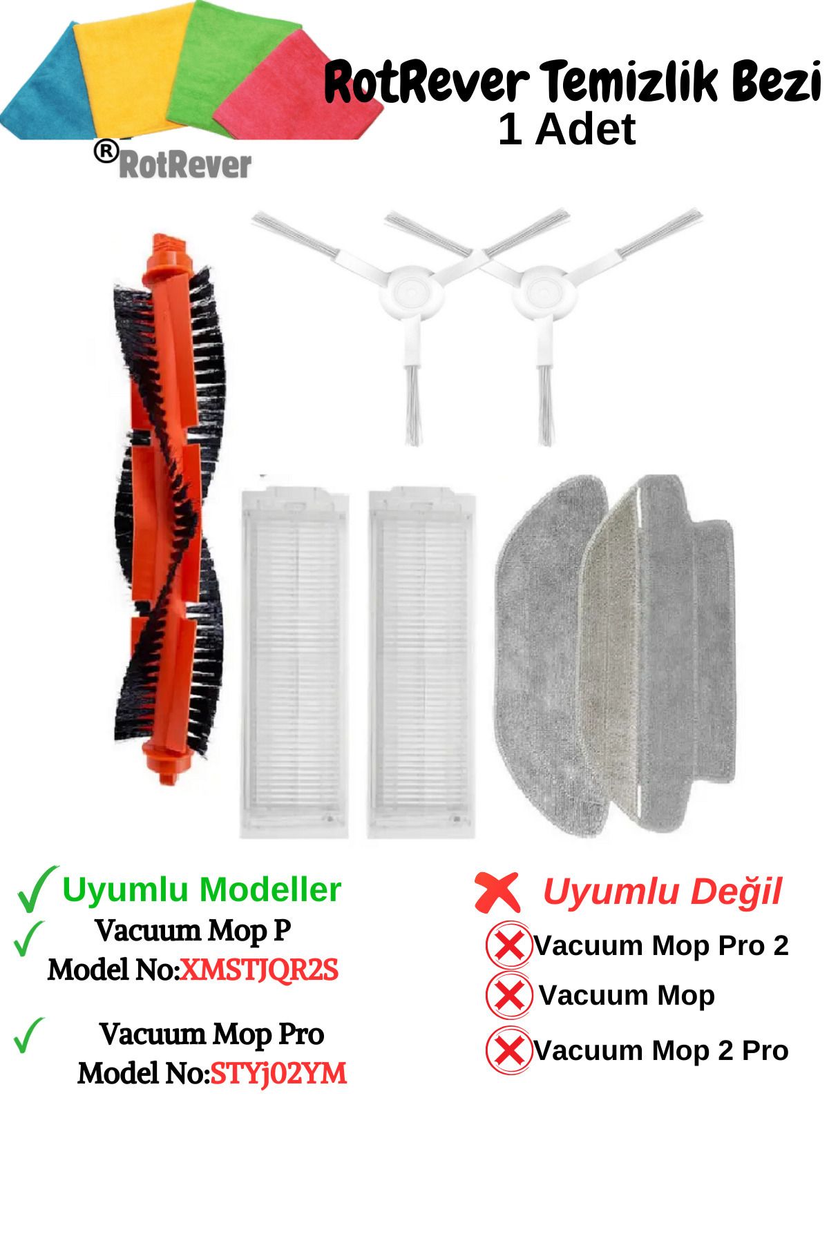 RotRever-Xiaomi Vacuum Mop P-Mop Pro(Model:Styj02Ym)Compatible Brush,Hepa Filter,Mop,Rotrever Cloth Set-8 Pieces 1