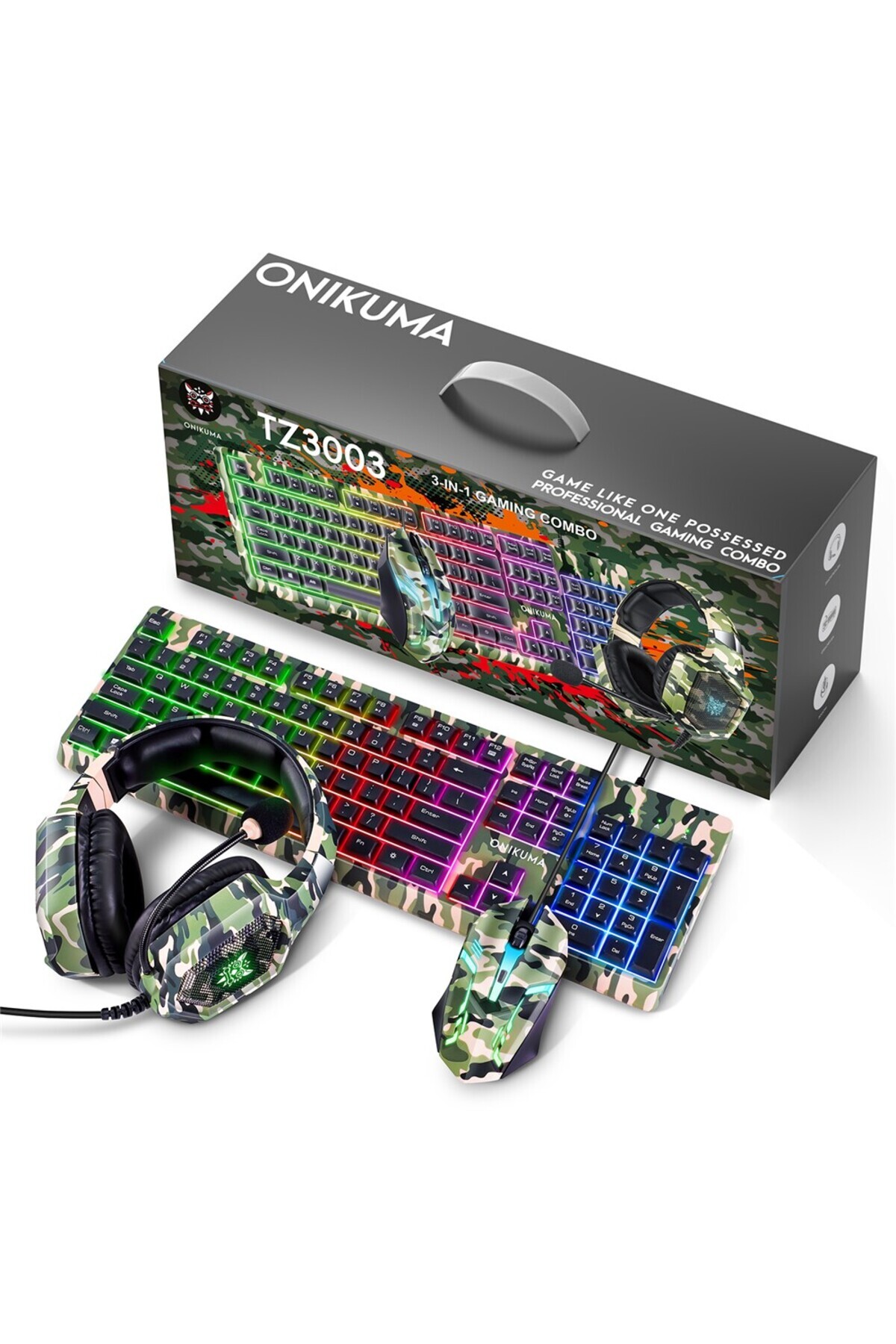 Onikuma-K 8 3-in-1 Gaming Combo Set with Wired Headset, 7-Color Light Mouse, 104-Keys Cool Keyboard 1