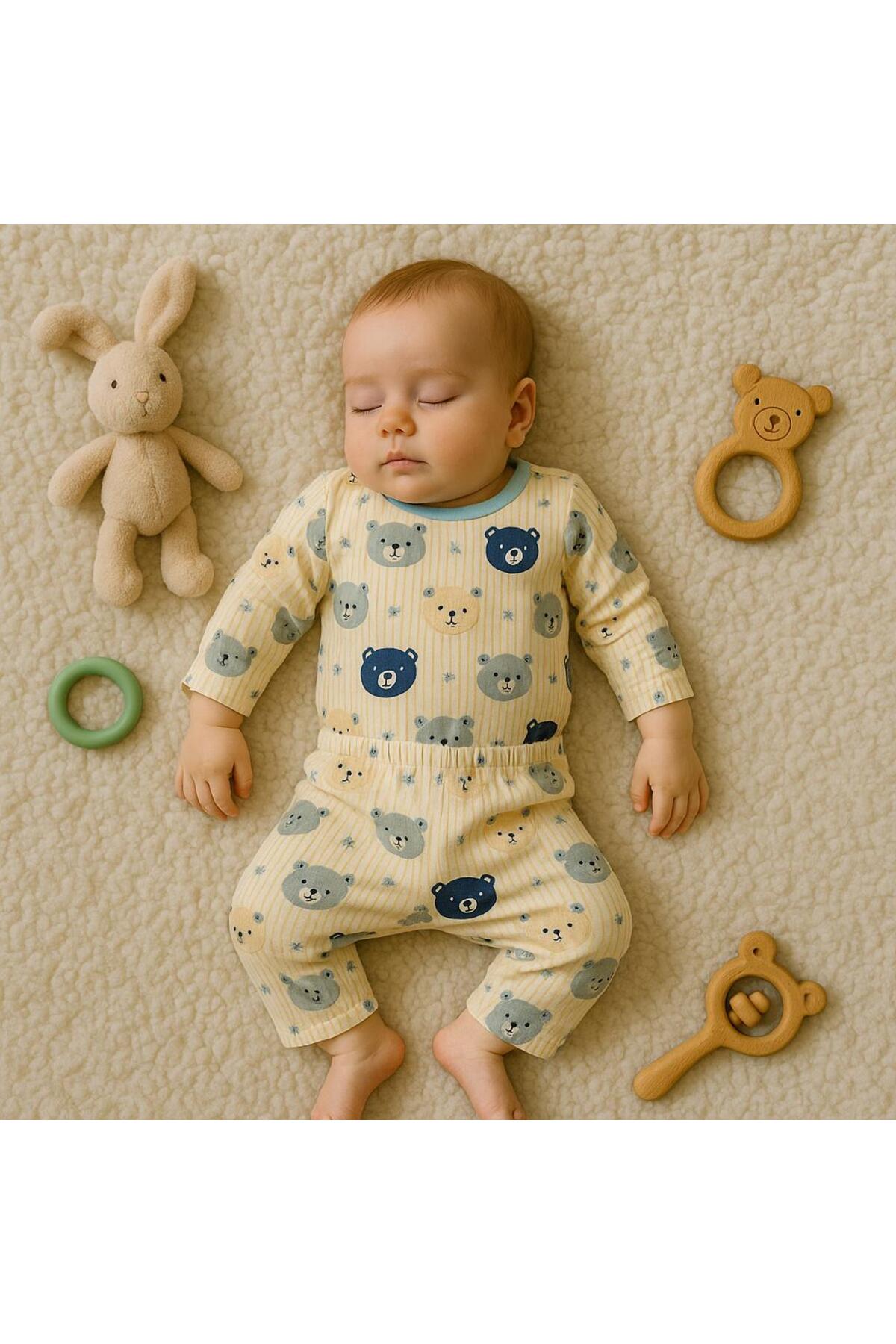 anne dokunuşu gibi KUZUM BEBE Mavi Ayıcıklı Organik Yenidoğan Fitilli Kumaş Bebek 2’li Hastane Çıkışı Pamuk Takım fotoğrafı 2 (önizleme)