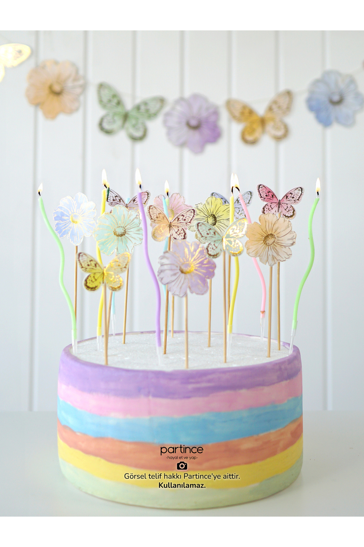 partince Makaron Kelebek Çiçek Konsept 5 Parça Parti Seti Doğum Günü Süsü