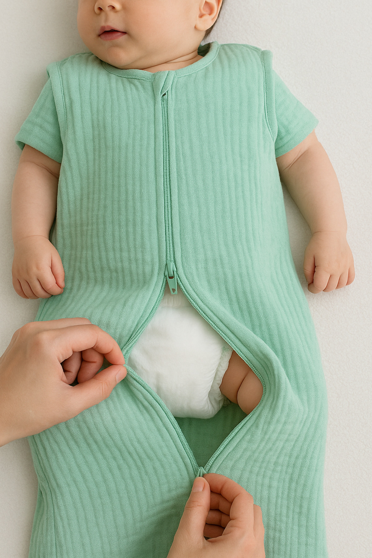 TEGA %100 Pamuk Yenidoğan Bebek Yazlık Muslin Kundak Tulum ve Uyku Tulumu – Mint Yeşili, Çift Fermuar fotoğrafı 4 (önizleme)