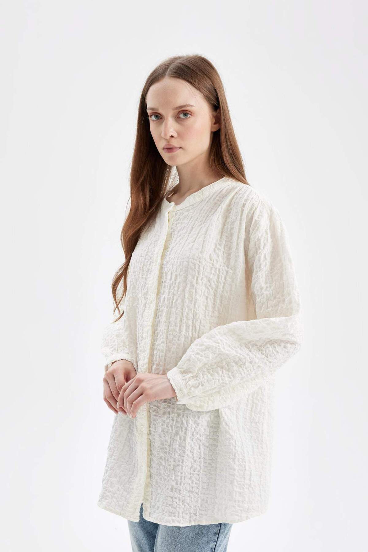 DeFacto-Relax Fit Seersucker texturovaná tunika s dlouhým rukávem D4145AX25SP 4