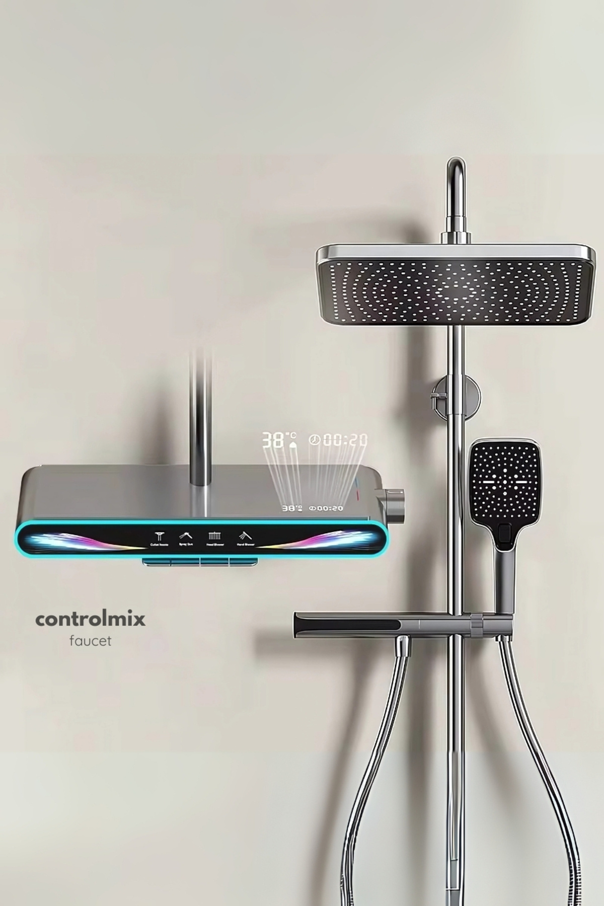 CONTROL MİX LÜX DİJİTAL GÖSTERGELİ VE LEDLİ 5 FONKSİYONLU PİYANO DUŞ SETİ PASLANMAZ