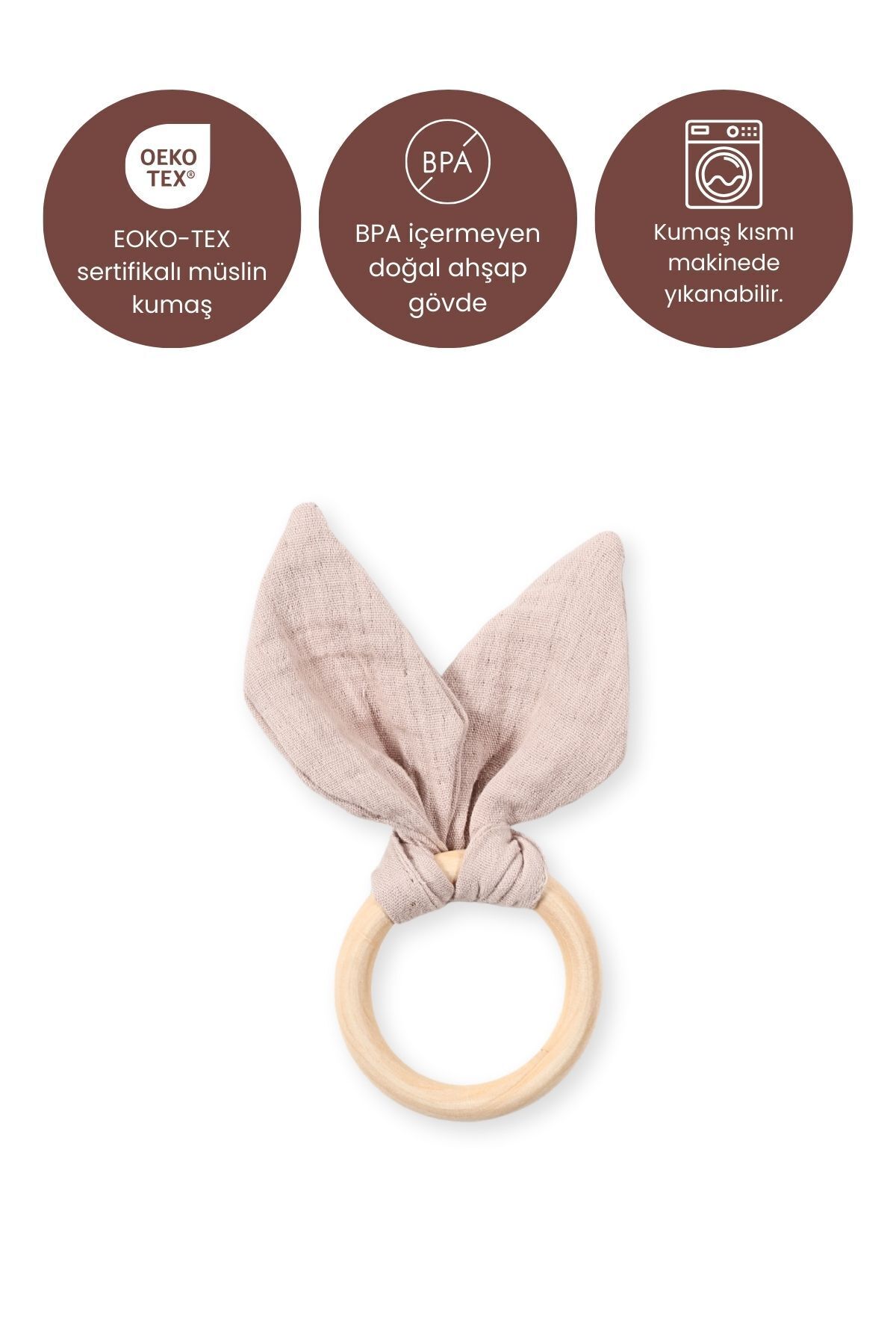 Bebekevi Bebekler için OEKO-TEX Sertifikalı Müslin Kumaşlı Ahşap Diş Kaşıyıcı fotoğrafı 2 (önizleme)