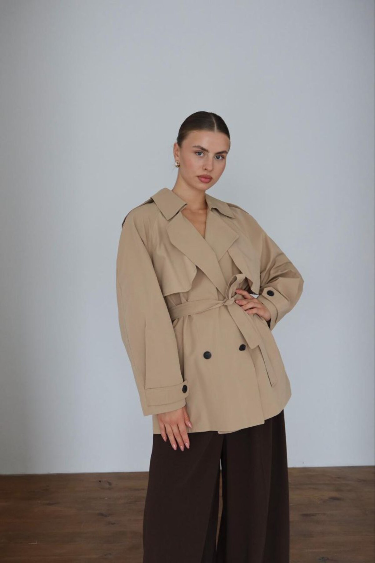 My Blog Kurzer Trenchcoat mit Kamel-Windjacken-Details und Gürtel – 7556