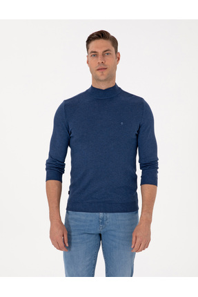 Pierre Cardin İndigo Melanj Slim Fit Yarım Balıkçı Yaka Basic Triko Kazak 503...