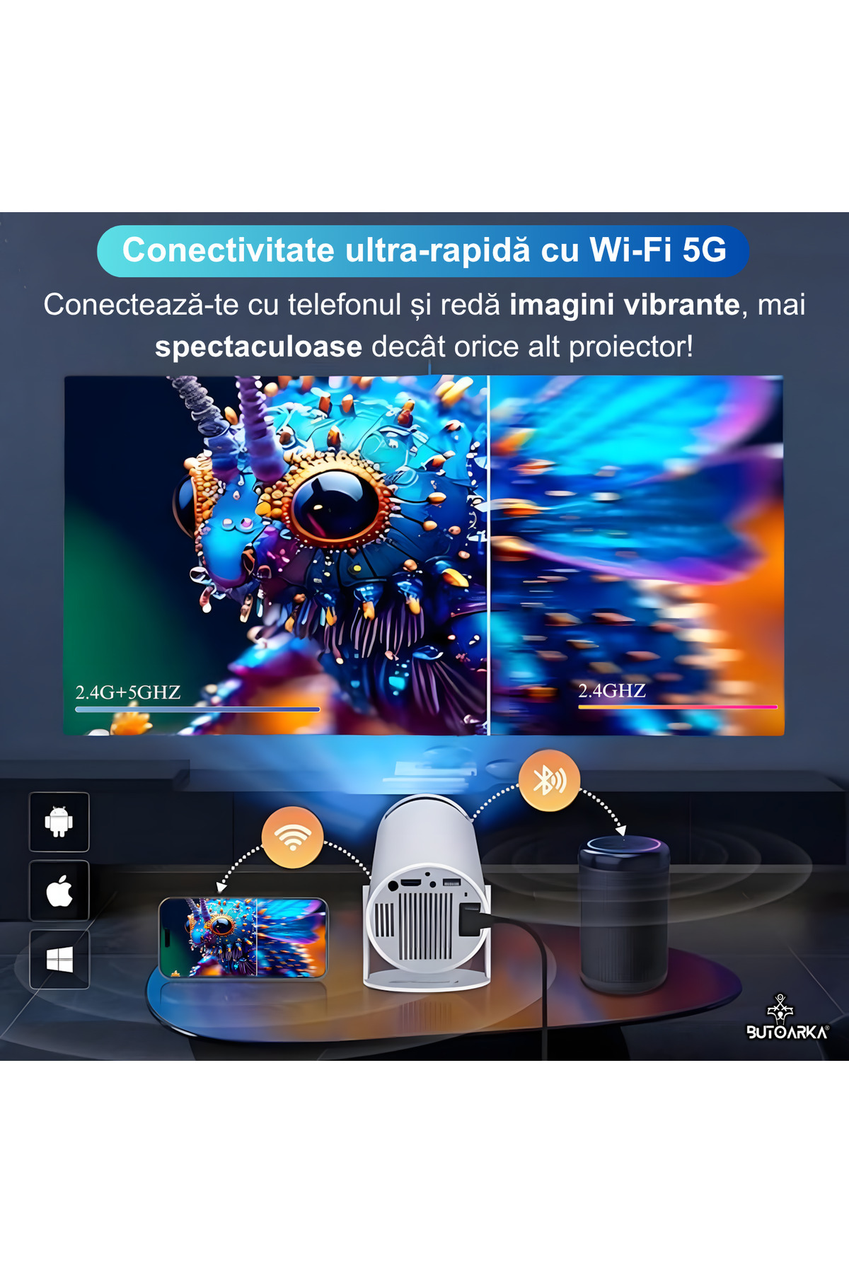 Butoarka-Smart Video Projector, UltraHD, 4K Support, Adjustable Projection, Android/IOS Mirroring, 180 Rotation 6