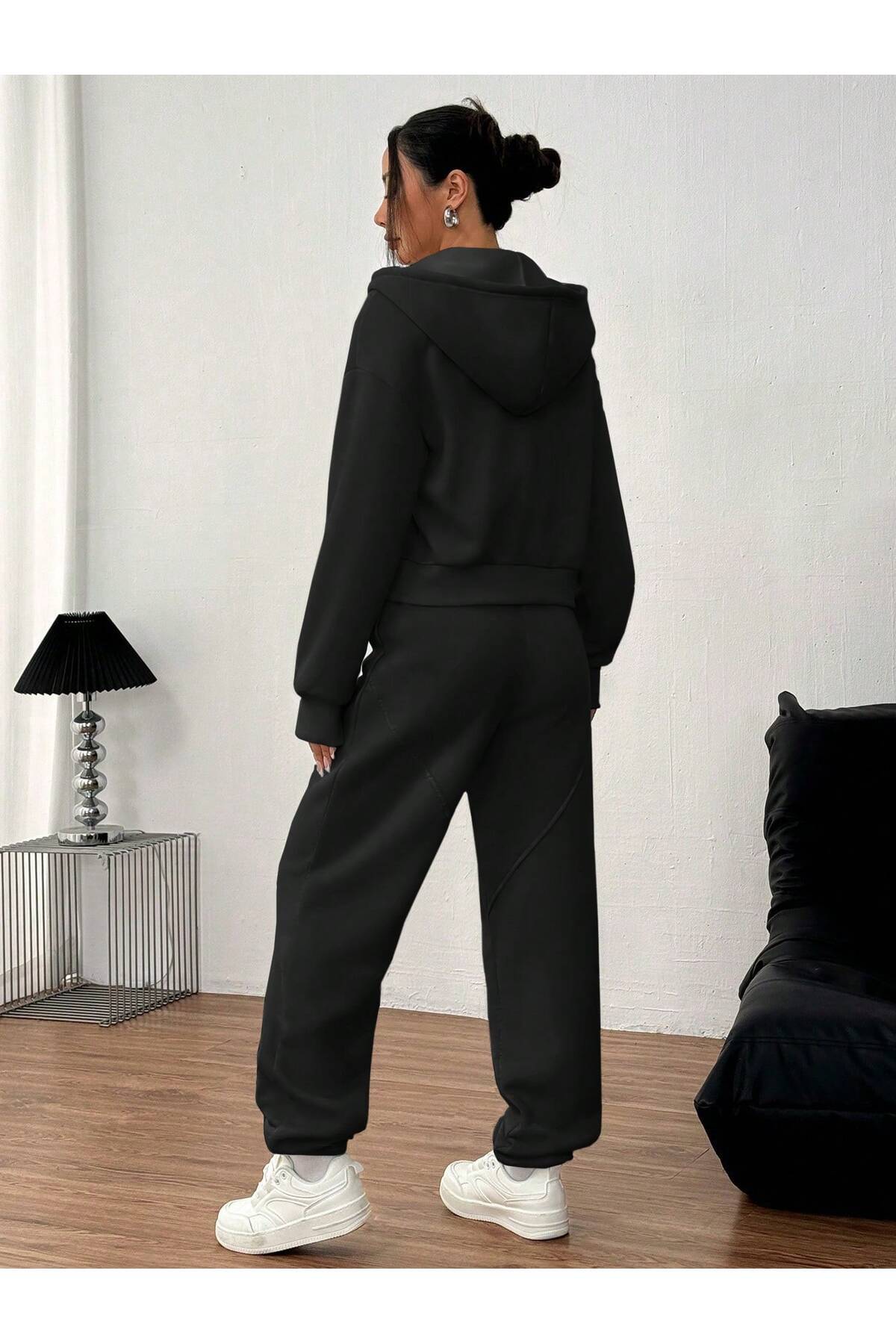 EYAX MODA KADIN Eşofman Takımı - Fermuarlı Sweatshirt & Lastik Paça Eşofman Altı görsel 3