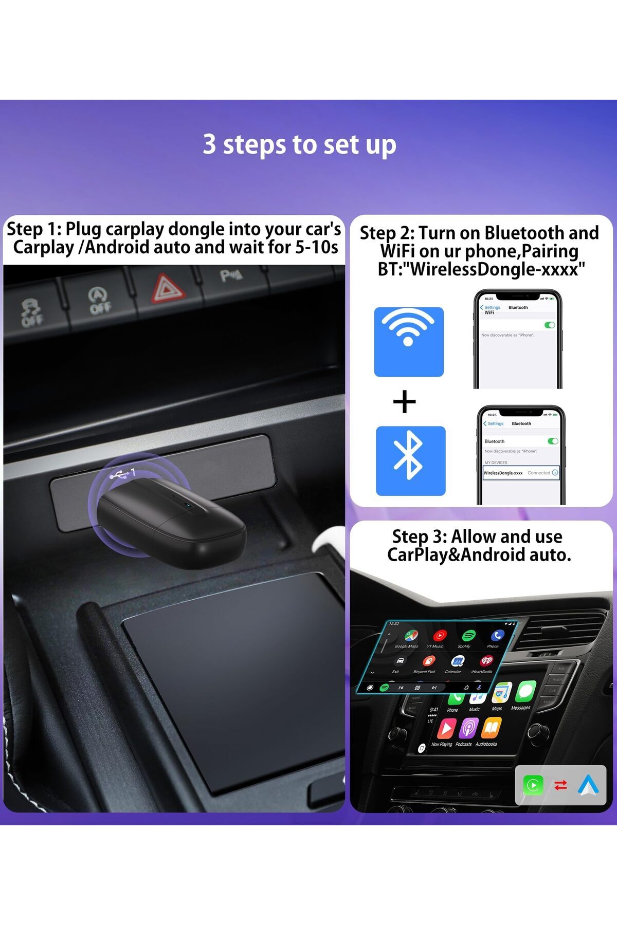 erorex-Wireless Carplay Adapter Ios Carplay Android Auto, Automatic Carplay Adapter Ios 10 Or 10+, Factory 3
