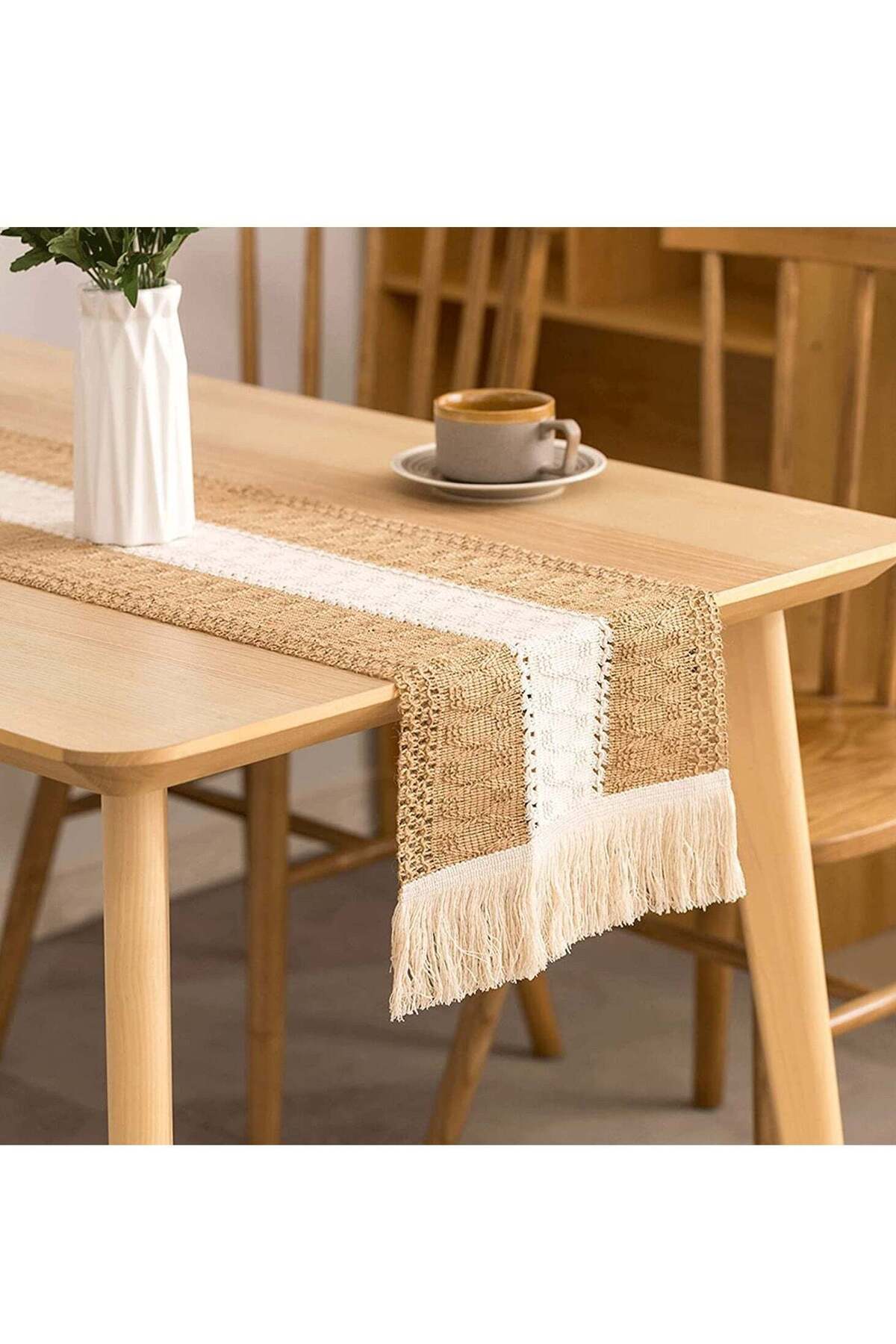 Generic-Table Runners Natural Burlap, Boho Macrame, Rustic with Tassels, Hand Woven Cotton and Splicing, fo 1