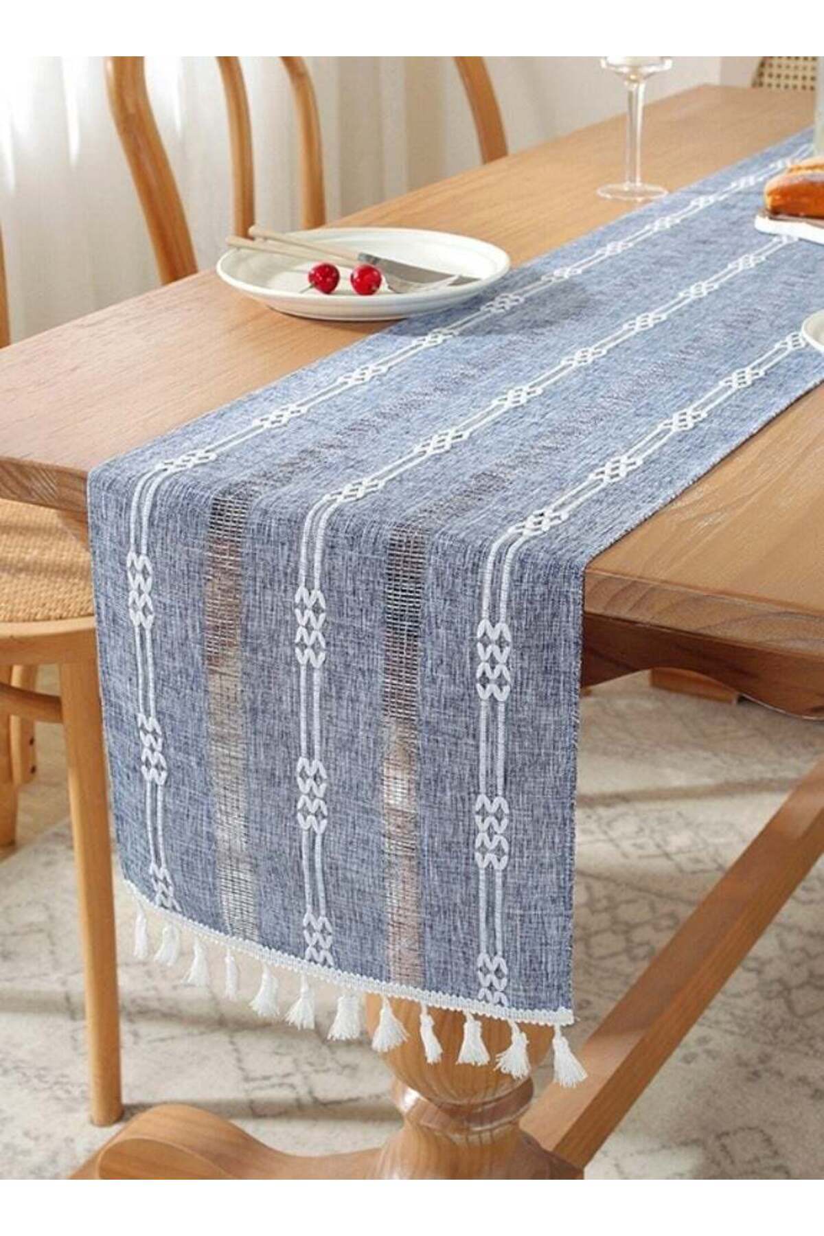 Generic-33Ã—240cm Boho Dusty Table Runner with Tassels Burlap Tassel Rustic Farmhouse Table Runner Long D 1