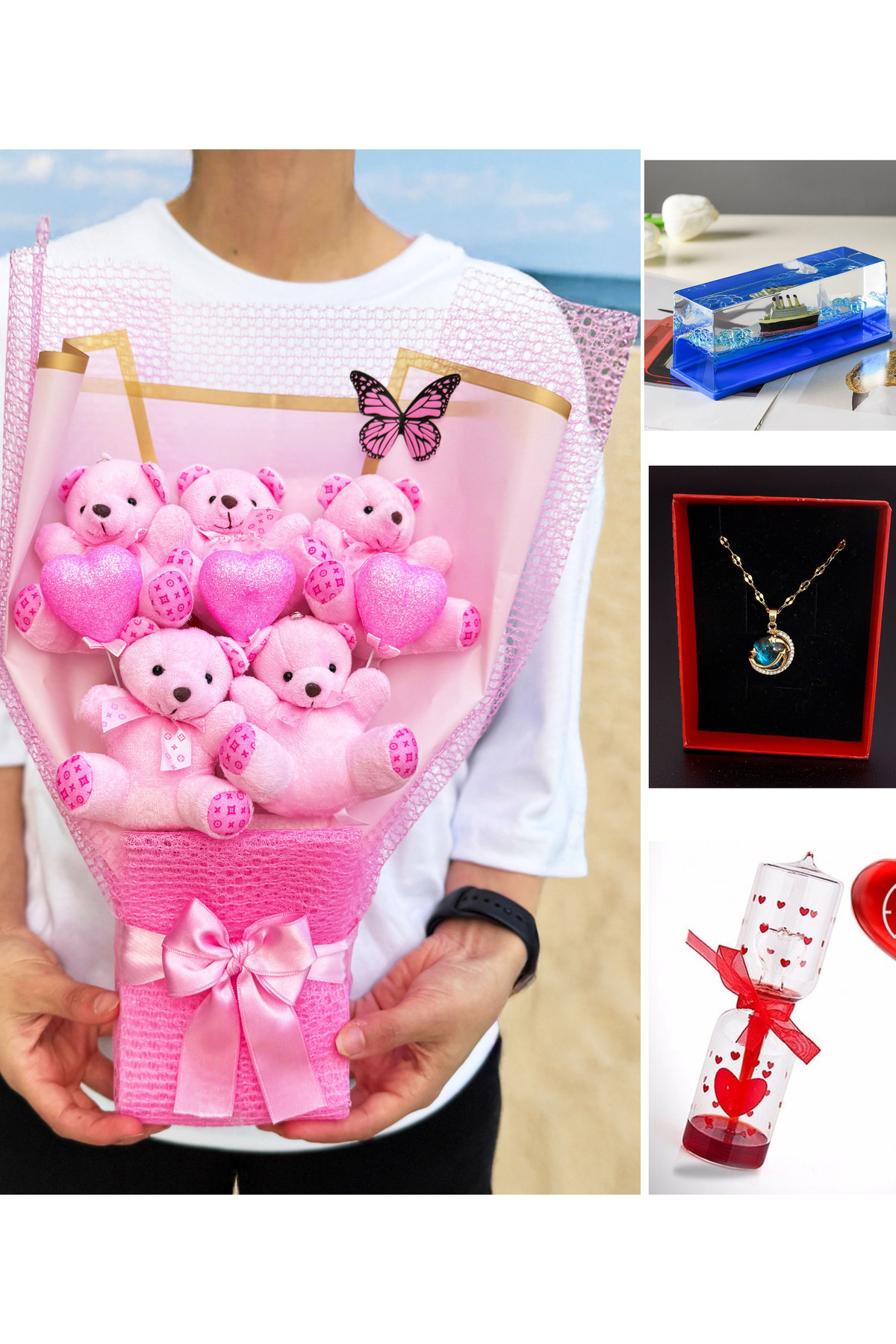 lenostra Sevgiliye Hediye - Pembe Ayıcık Buketi - Batmayan Gemi - Aşk Ölçer ve Çelik Gezegen Kolye