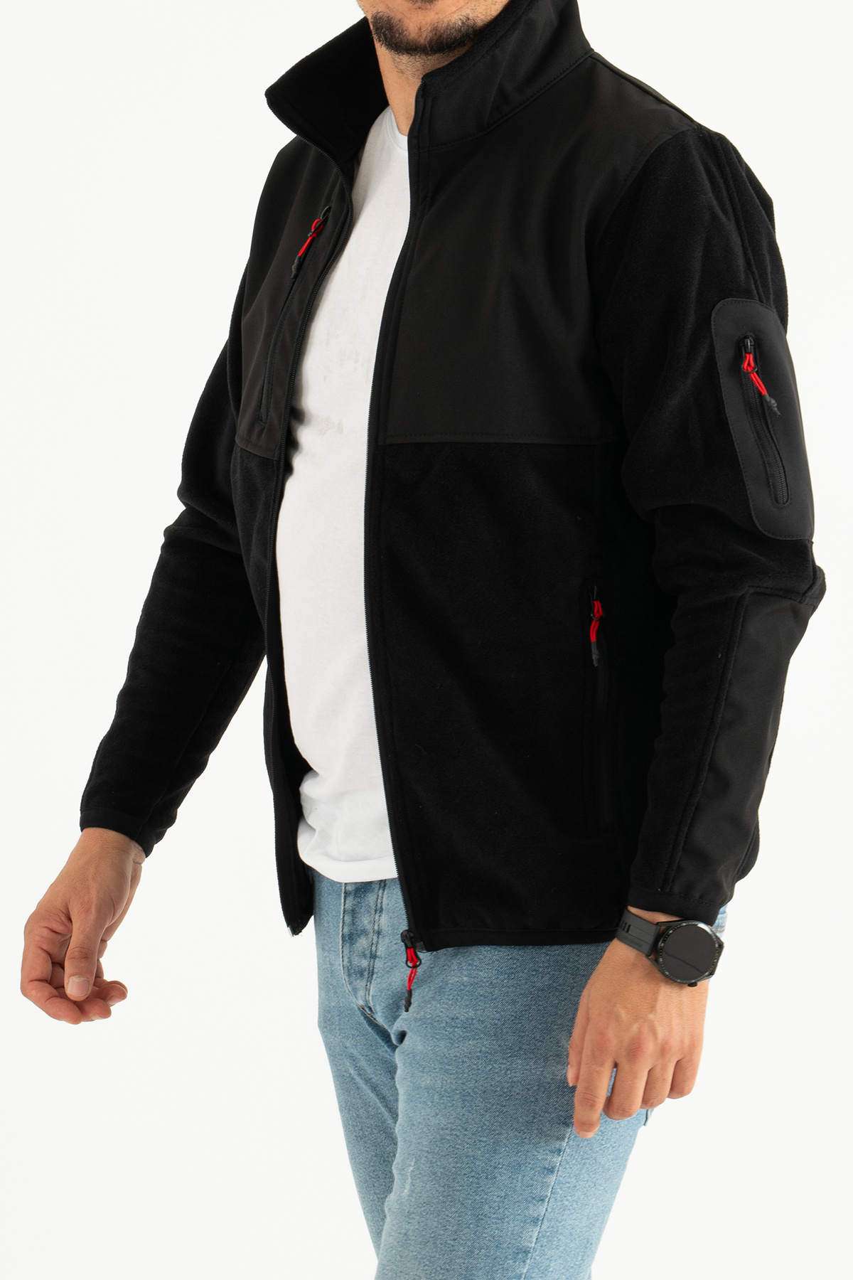 Souris Erkek Siyah Dar Kalıp Anti-pilling Tüylenme Yapmayan Tam Fermuar Softshell Garnili Polar Sweatshirt görsel 6