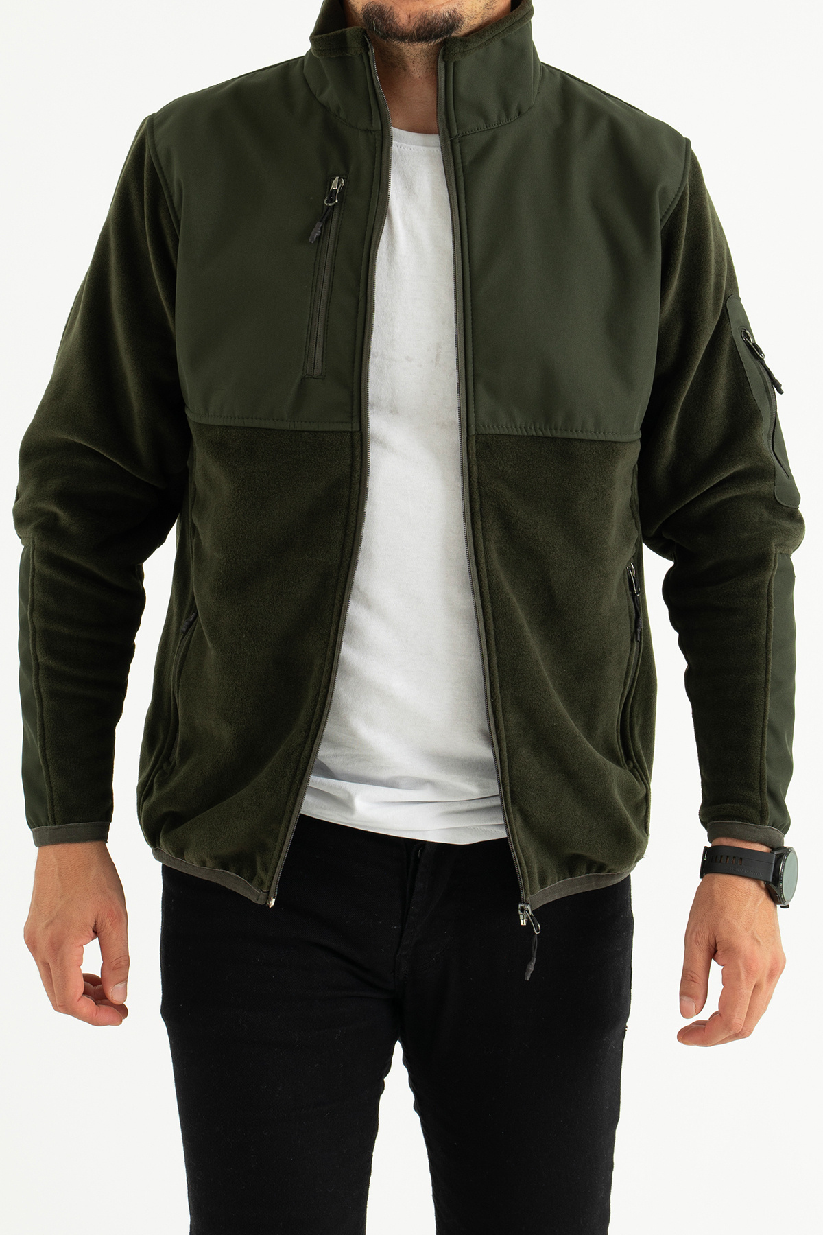 Souris Erkek Haki Dar Kalıp Anti-pilling Tüylenme Yapmayan Tam Fermuar Softshell Garnili Polar Sweatshirt görsel 3