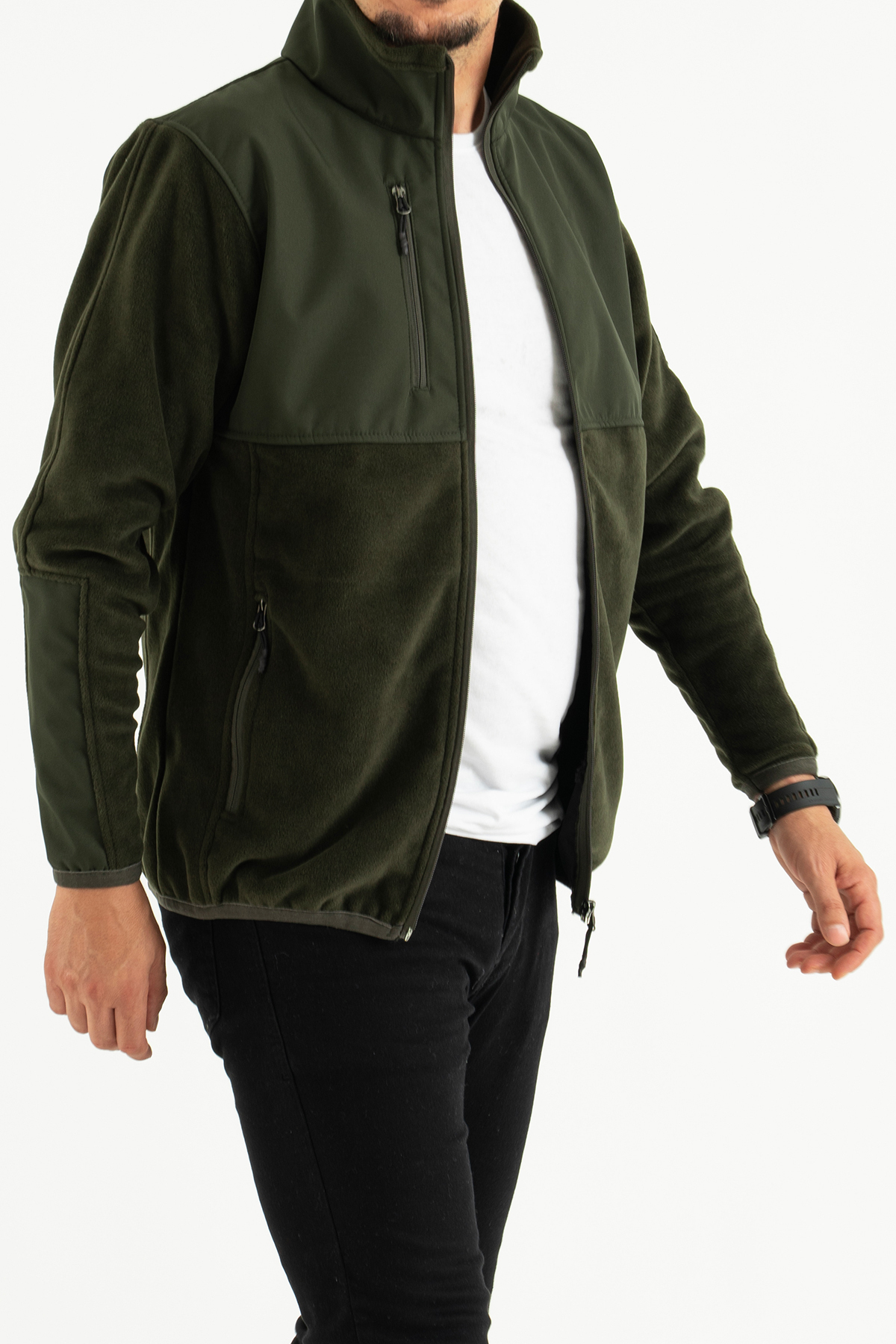 Souris Erkek Haki Dar Kalıp Anti-pilling Tüylenme Yapmayan Tam Fermuar Softshell Garnili Polar Sweatshirt görsel 5