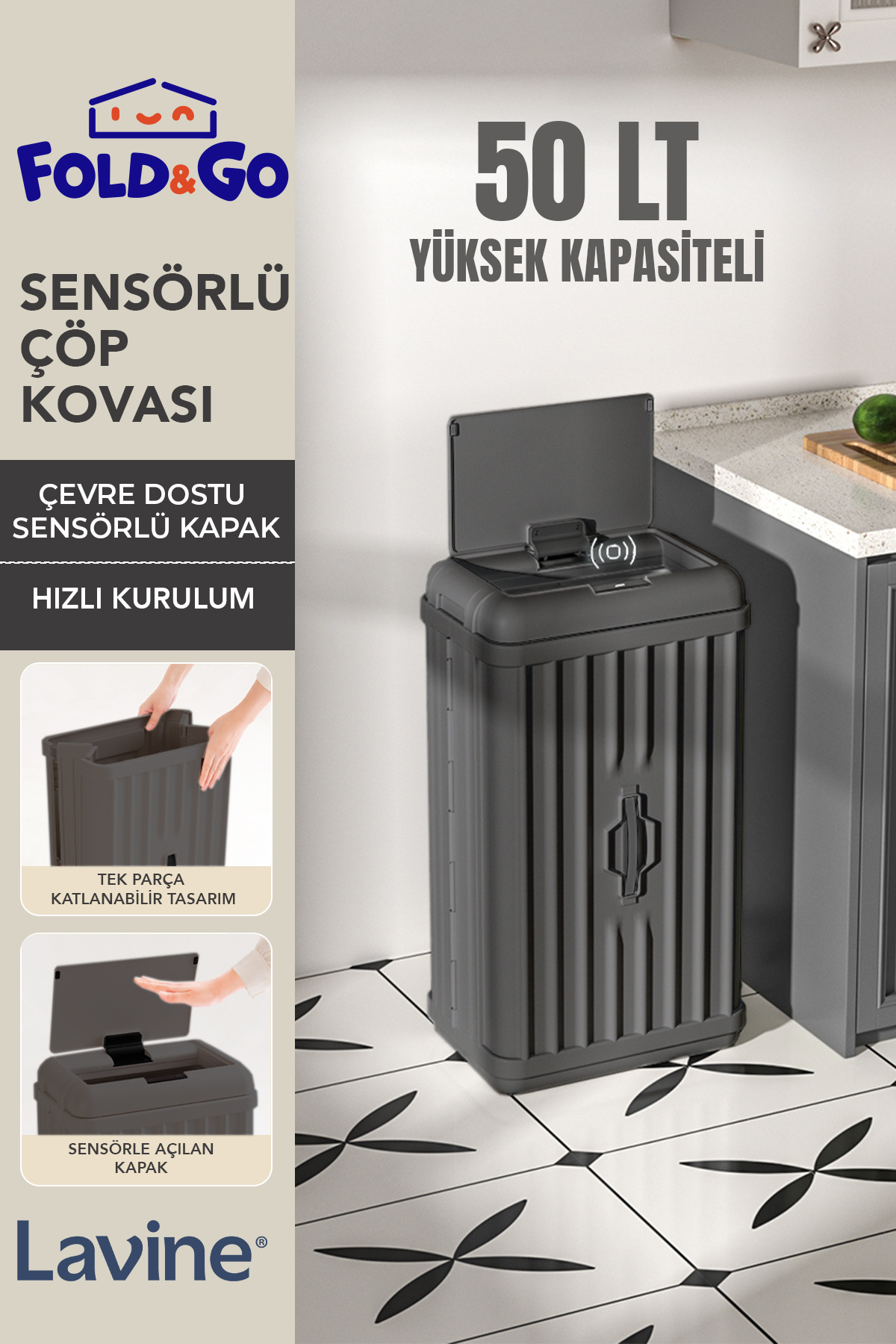 FORSACE-50 Lt Sensor Trash Can Portable Foldable Large Size Premium Antiracite 1