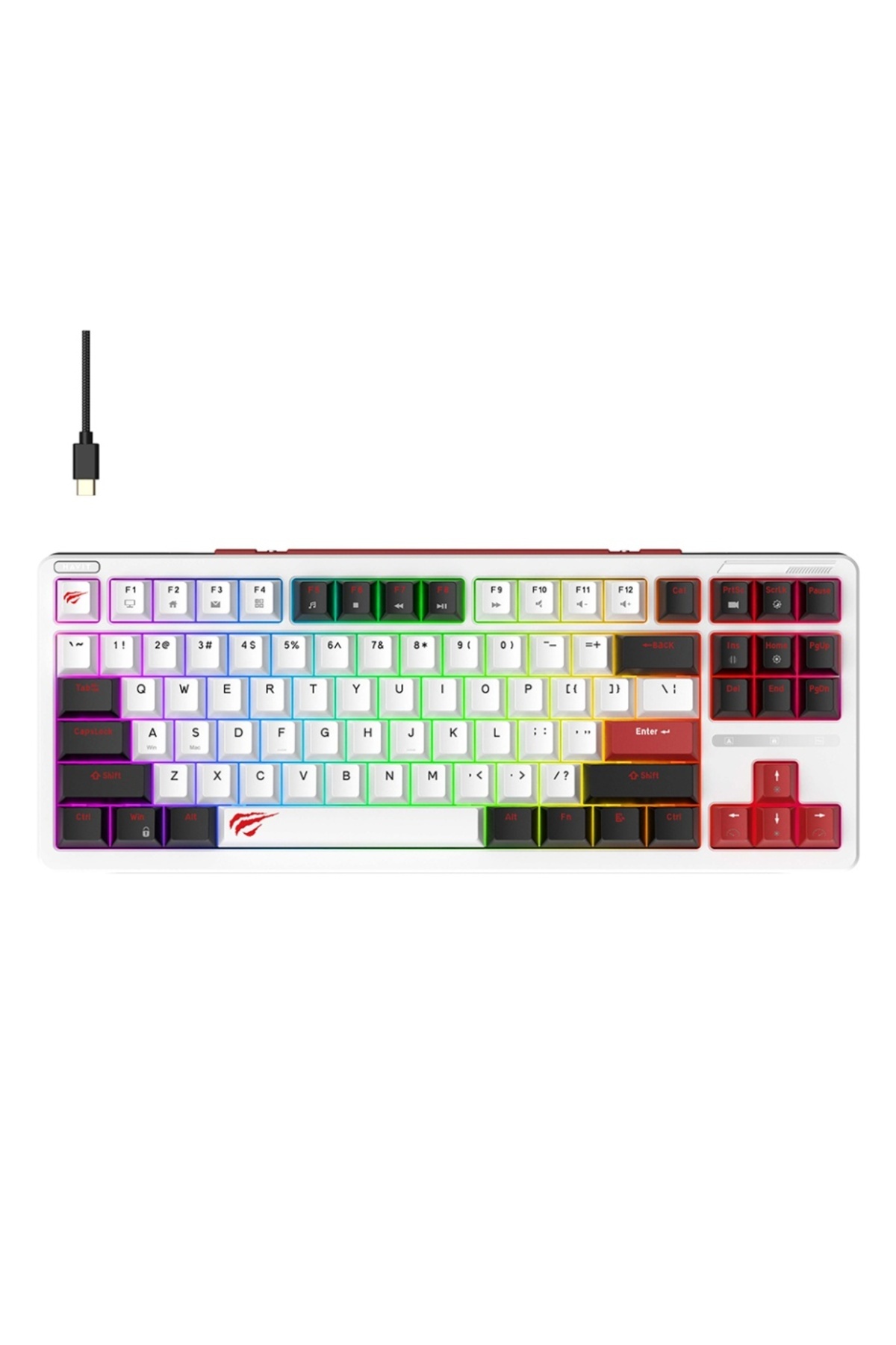 Havit-Gaming keyboard, TKL, RGB, USB-C, 200 mA, 1.8m, KB902L, Black/ White/ Red 1