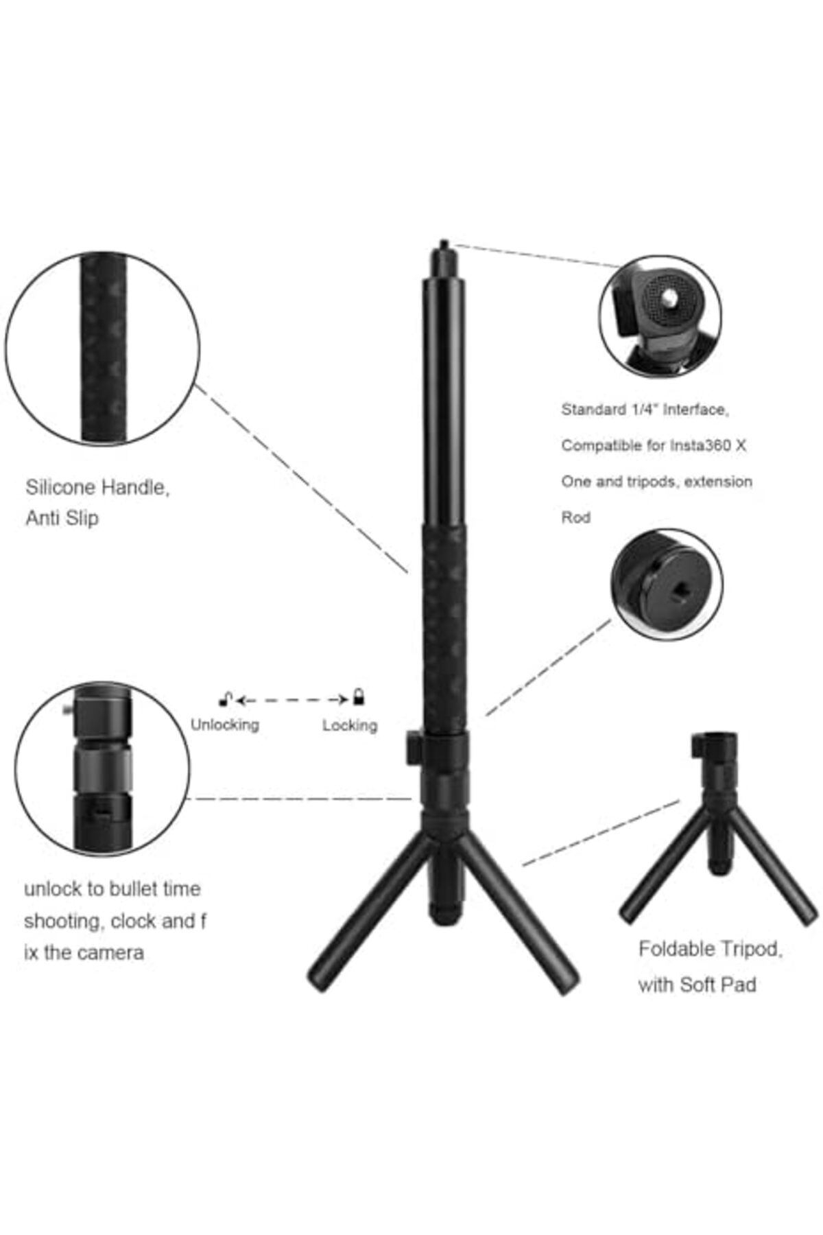 eWINNER-Invisible Selfie Stick Compatible with Insta 360 X5 X4 Extendable Portable Monopod Rotatable 8