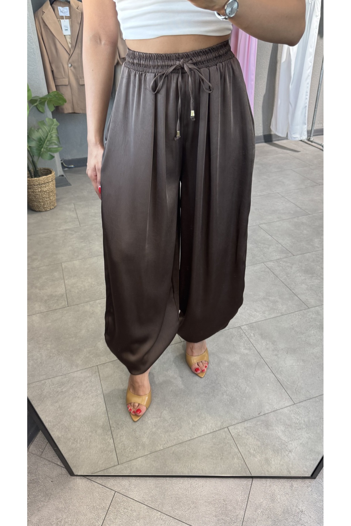 YOUR NAME  Beli Lastikli Saten Şalvar Pantolon - Görsel 4