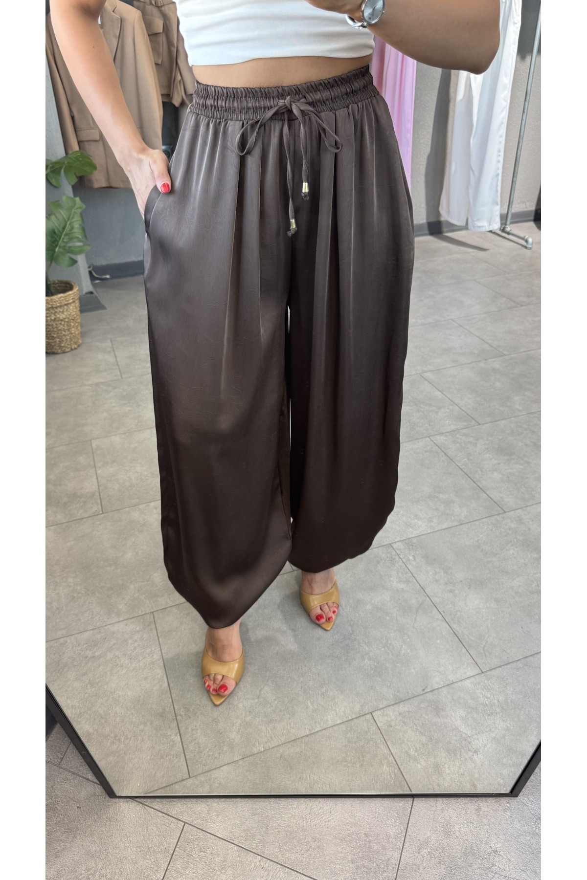 YOUR NAME  Beli Lastikli Saten Şalvar Pantolon - Görsel 6