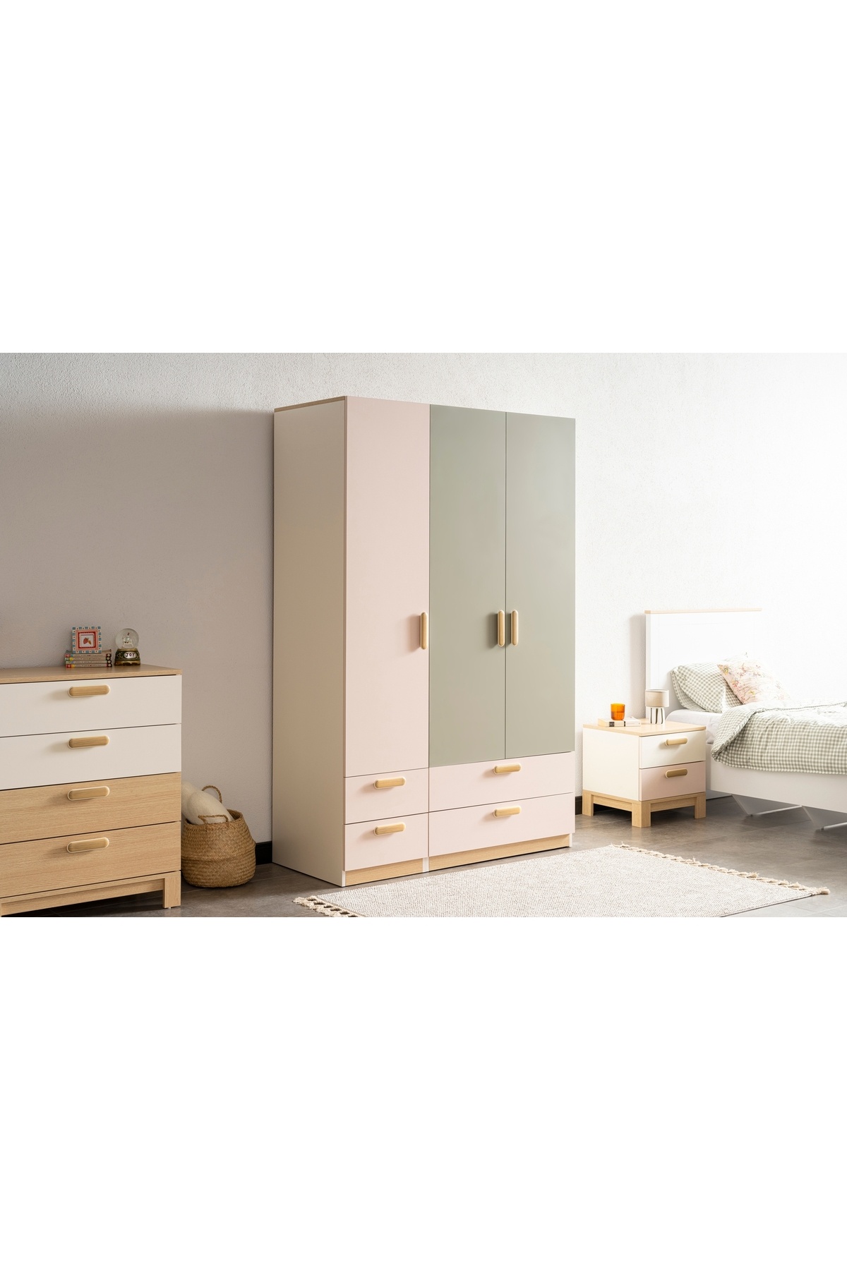 Vivense MOKİDO ÇEKMECELİ GARDIROP, 3 KAPAKLI, PEMBE YEŞİL fotoğrafı 2 (önizleme)