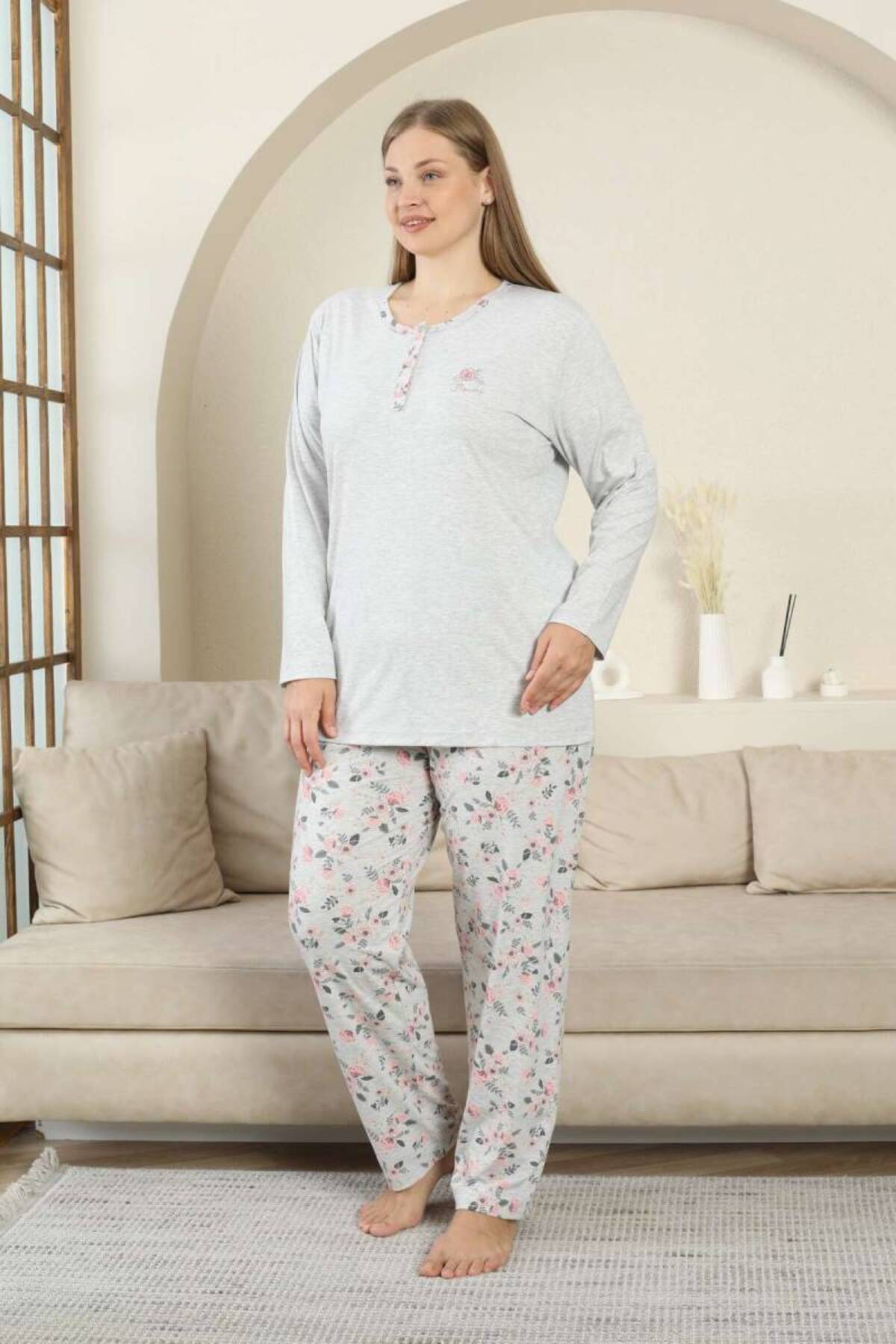 ALİMER-Plus Size Pajamas Set - Gray Flower Pattern Long Sleeve Lycra Viscose 2875Uyb 3